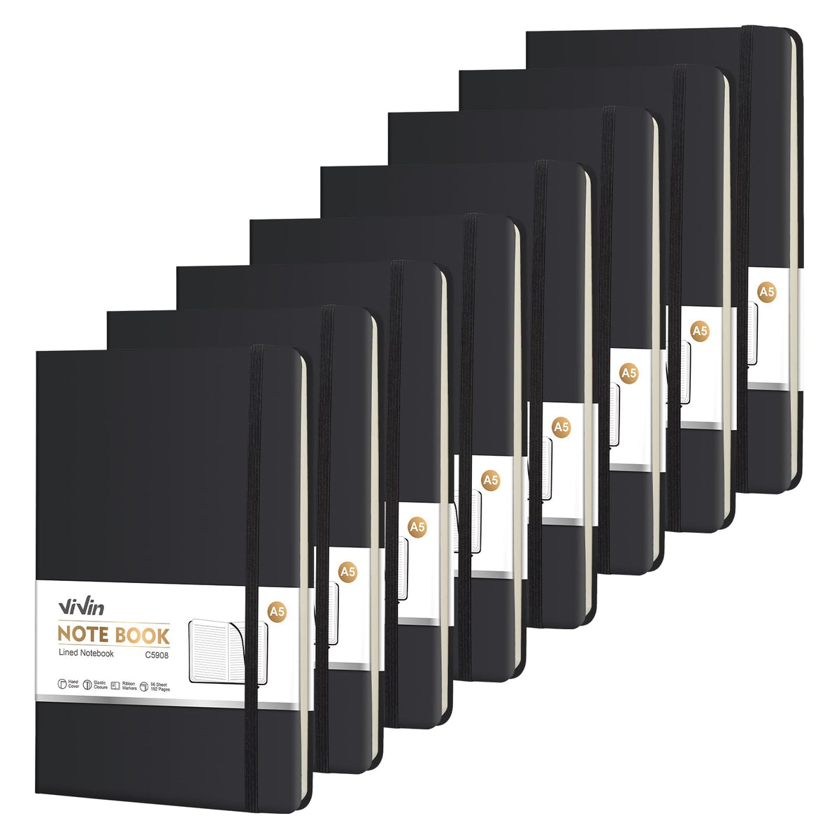 ViVin Lined Journal Notebooks for Work, 192 Pages, Medium 5.5 x 8.3 inch, College Ruled, A5 Hardcover Journaling Notebooks for Writing, 8 Pack Bulk,Black