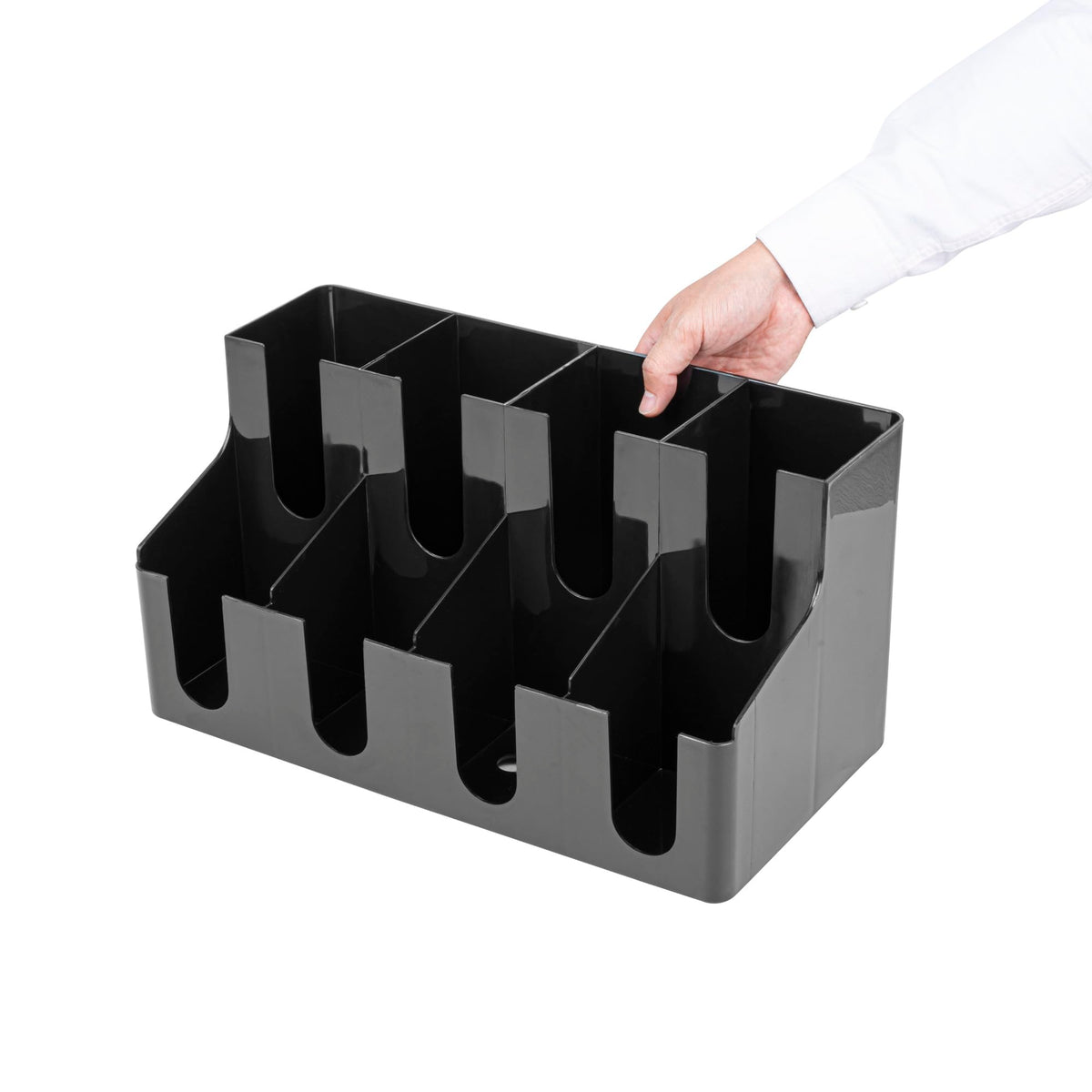 Restaurantware Restpresso Coffee Bar Organizer, 1 Count Durable 8 Compartments, Compact Size, Black Plastic Tabletop Coffee Supplies Organizer For Homes, Office Spaces, Breakrooms, and Lounges