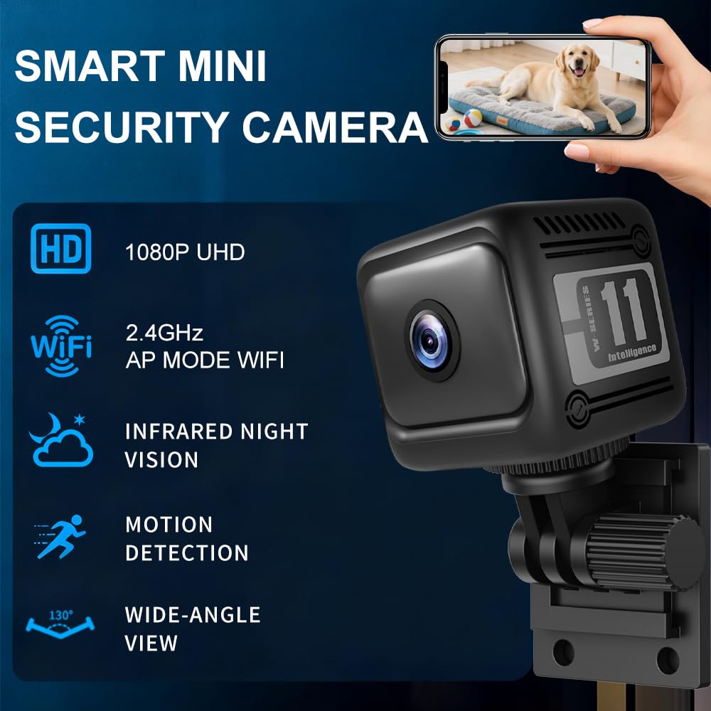 Mini Security Camera, 1080p HD Wireless Indoor Cam with 6-Hour Battery & No WiFi Needed for Recording, AI Motion Detection Night Vision for Home, Office Monitoring, Black (NOT a 4G LTE Camera)