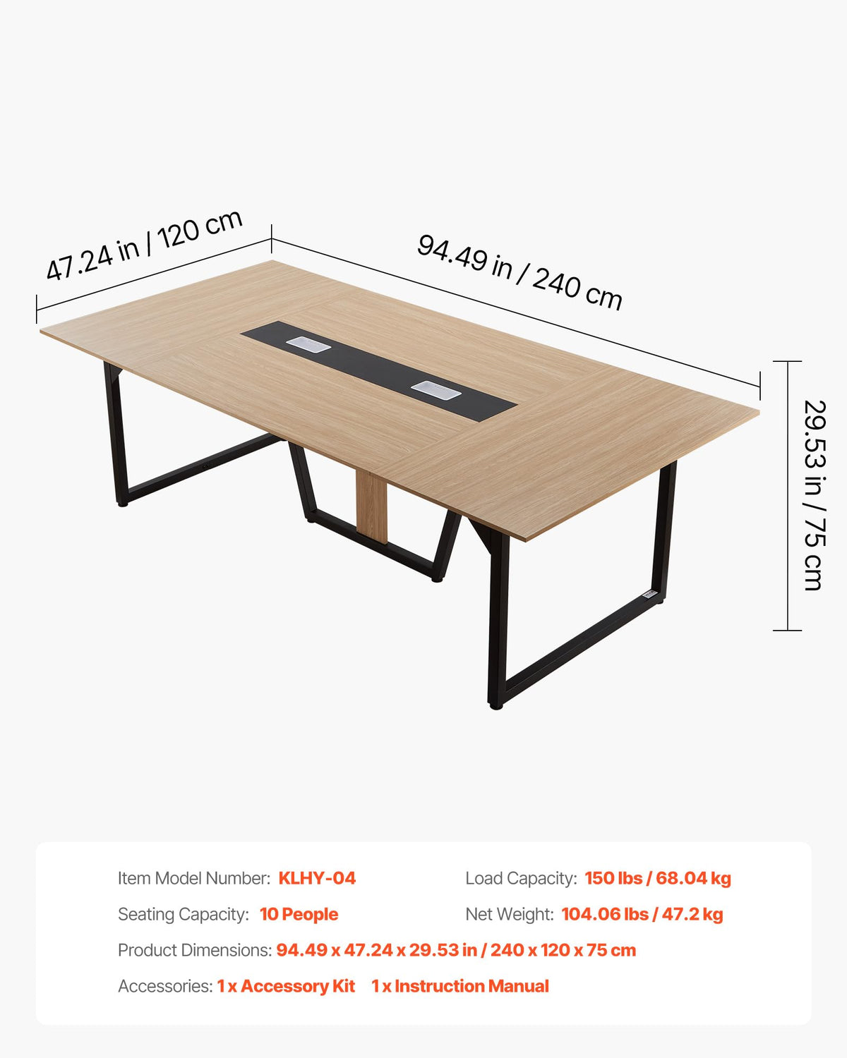 VEVOR Conference Table, 8 ft Office Meeting Table for 10 Person, Modern Rectangle Seminar Desk with Metal Legs, Large Meeting Desk Ideal for Office, Boardroom, Conference Room, Easy Assembly, Brown