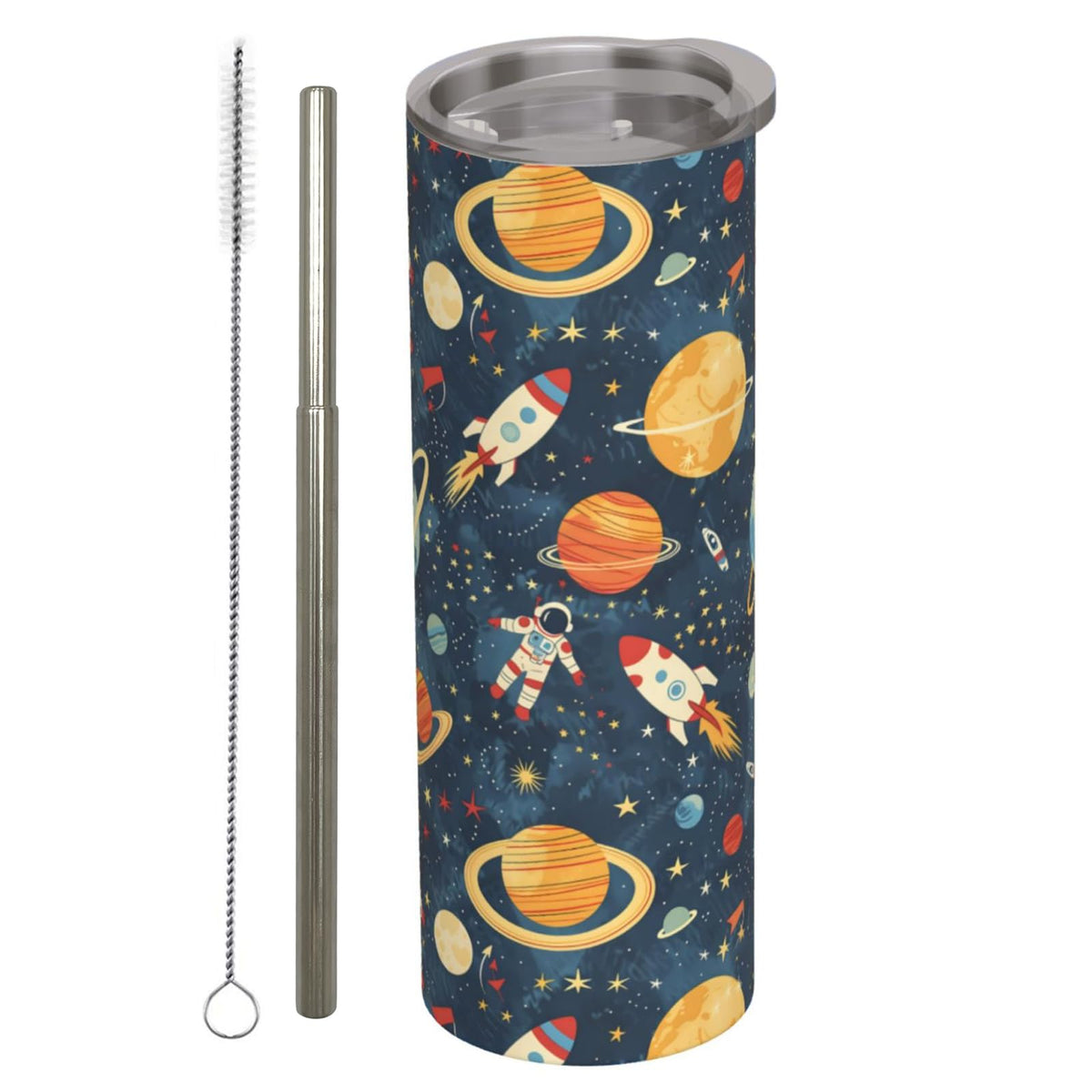 amepay Space Adventure Stainless Steel Insulated Tumbler with Lid - 20oz Astronaut Rocket Travel Mug, Reusable Metal Straw & Brush, Double-Wall Vacuum Bottle Cup for Hot and Cold Drinks,Gifts