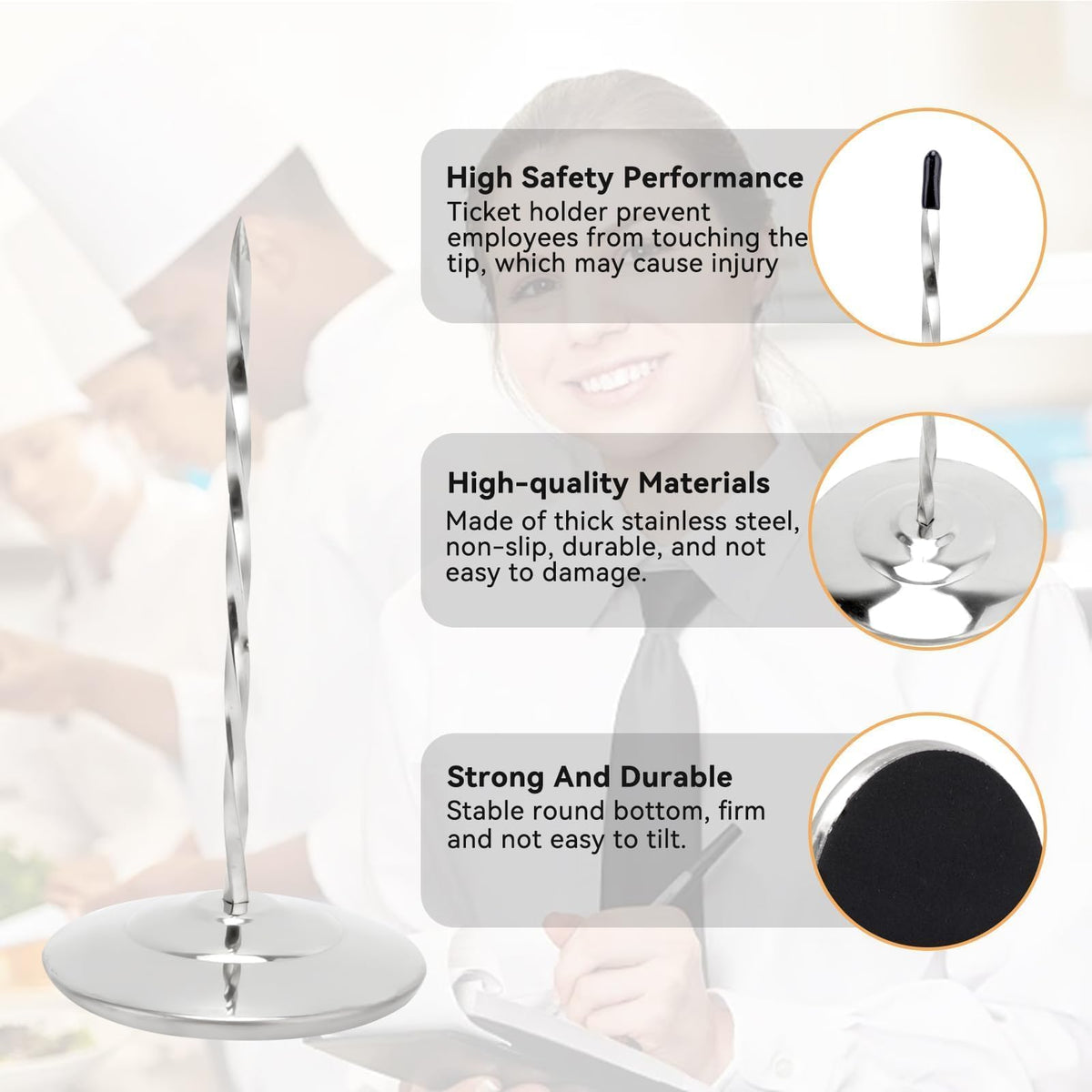 Receipt Spike Holder, Desk Receipt Holder Bill Fork Restaurant Ticket Stabber with Non-Slip Rubber Cover, 80mm Wide Base and Thick Rod for Restaurant Office Desk Memo Check Paper Organizer, Silver