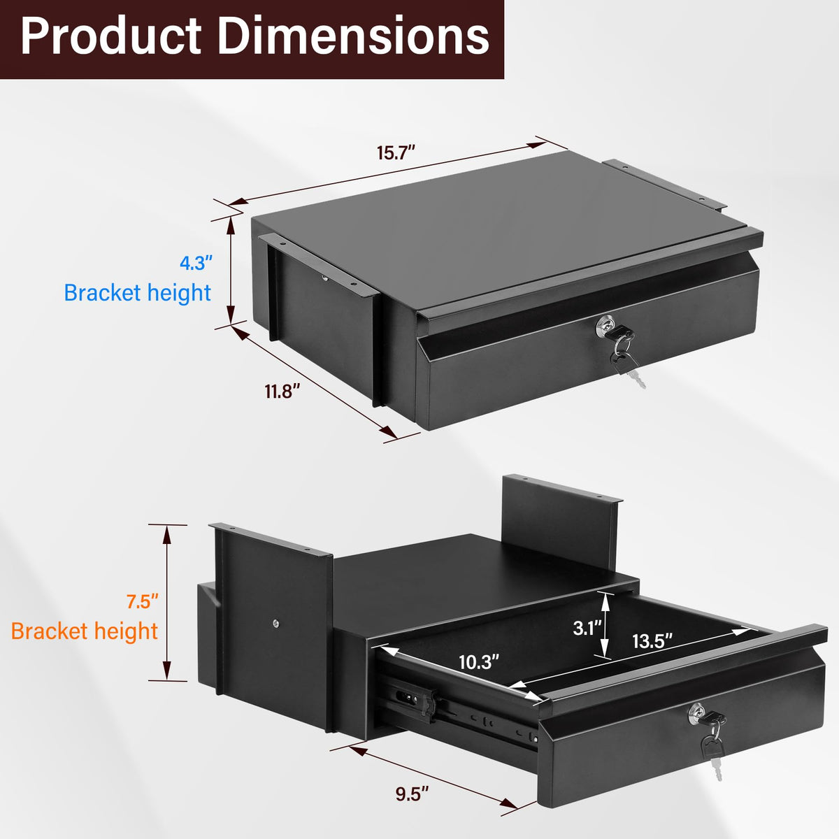 Toriexon Under Desk Drawer 15.7" x 11.8" x 4.3", Under Desk Pull Out Drawer with Lock and Keys, 4.3” & 7.5” Optional Bracket Height, Storage Organizer for Workbench with Drawers