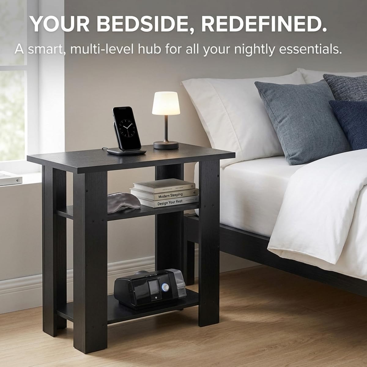 ZEXVIDA Black Side Table, 3 Tier Narrow End Table for Living Room, Modern Wood Nightstand with Storage Shelves, Small Bedside Table for Bedroom, Home Office, Small Spaces, 22.8 Inch High