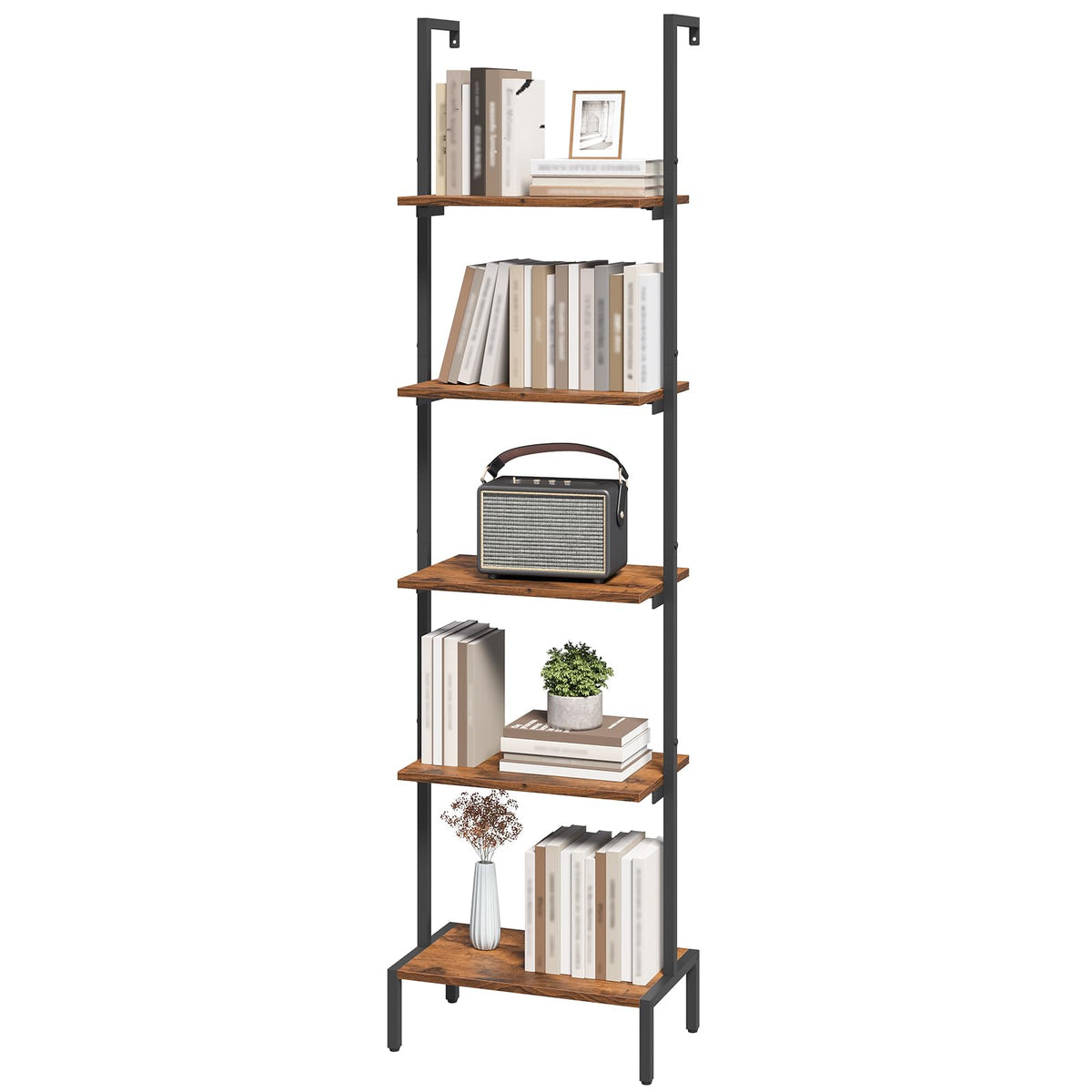 MAHANCRIS Ladder Shelf, 5-Tier Bookshelf, Ladder Bookcase with Wall Mount, Heavy Duty Industrial Style Storage Rack for Living Room, Office, Kitchen, Bedroom, Rustic Brown and Black LSHR5501