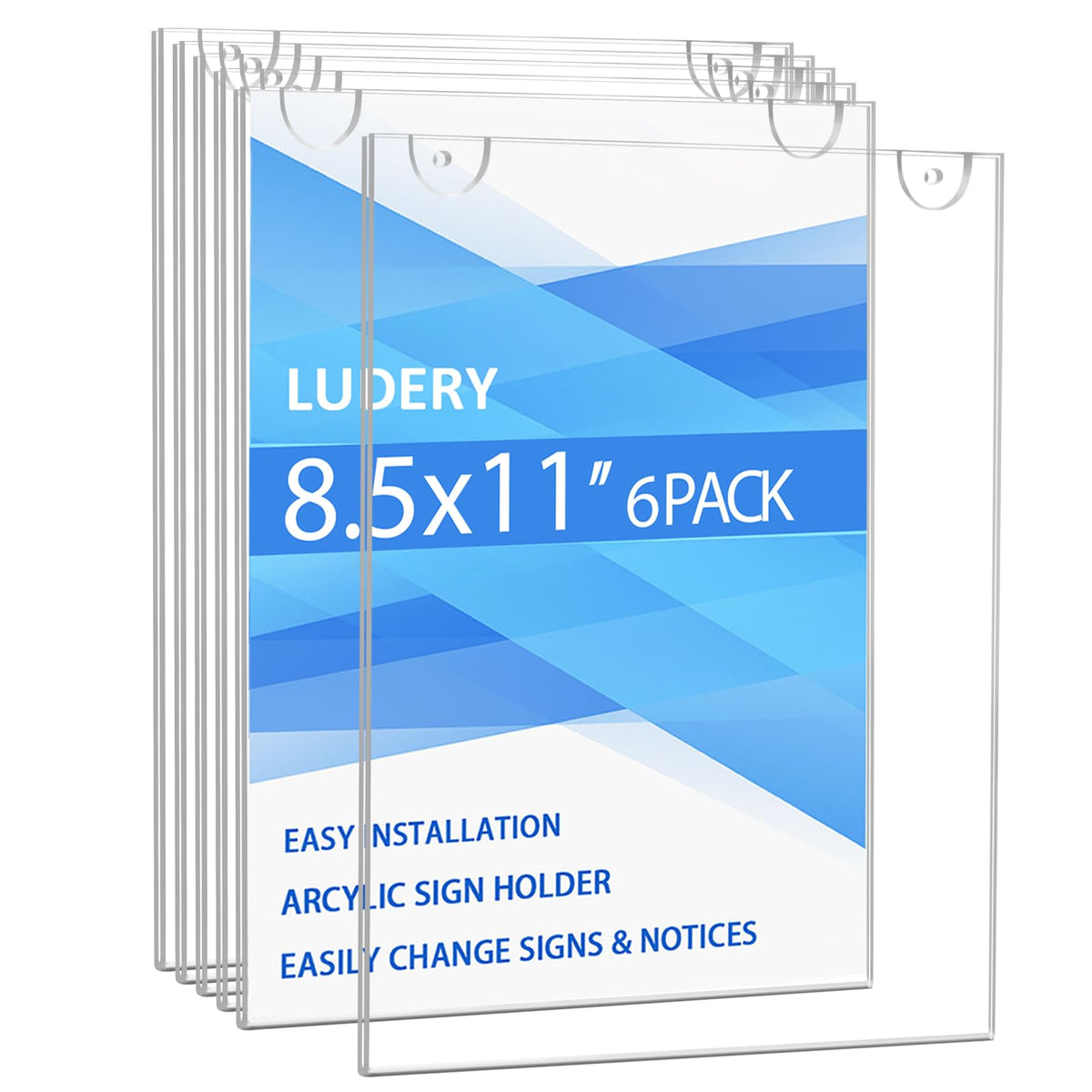 Ludery Acrylic Sign Holder 8.5 x 11 Vertical, Wall Mount Document Holder, Clear Plastic Picture Frame with Tape Adhesive and Screws for Office, Home, Store, Restaurant - 6 Pack