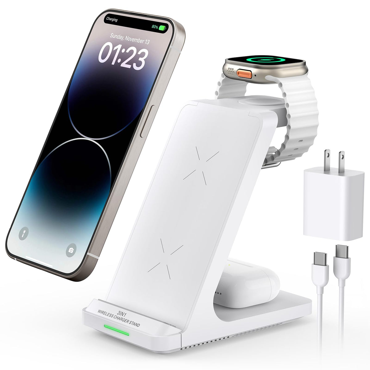 Wireless Charging Station, 3 in 1 Fast Wireless Charger Stand for Multiple Devices Apple Watch Ultra Series 11 10 9 8 7 6 SE 5 4 3 2, iPhone 17 16 15 14 13 12 11 Pro Max/Plus/Air/X/XS/XR/SE, Airpods