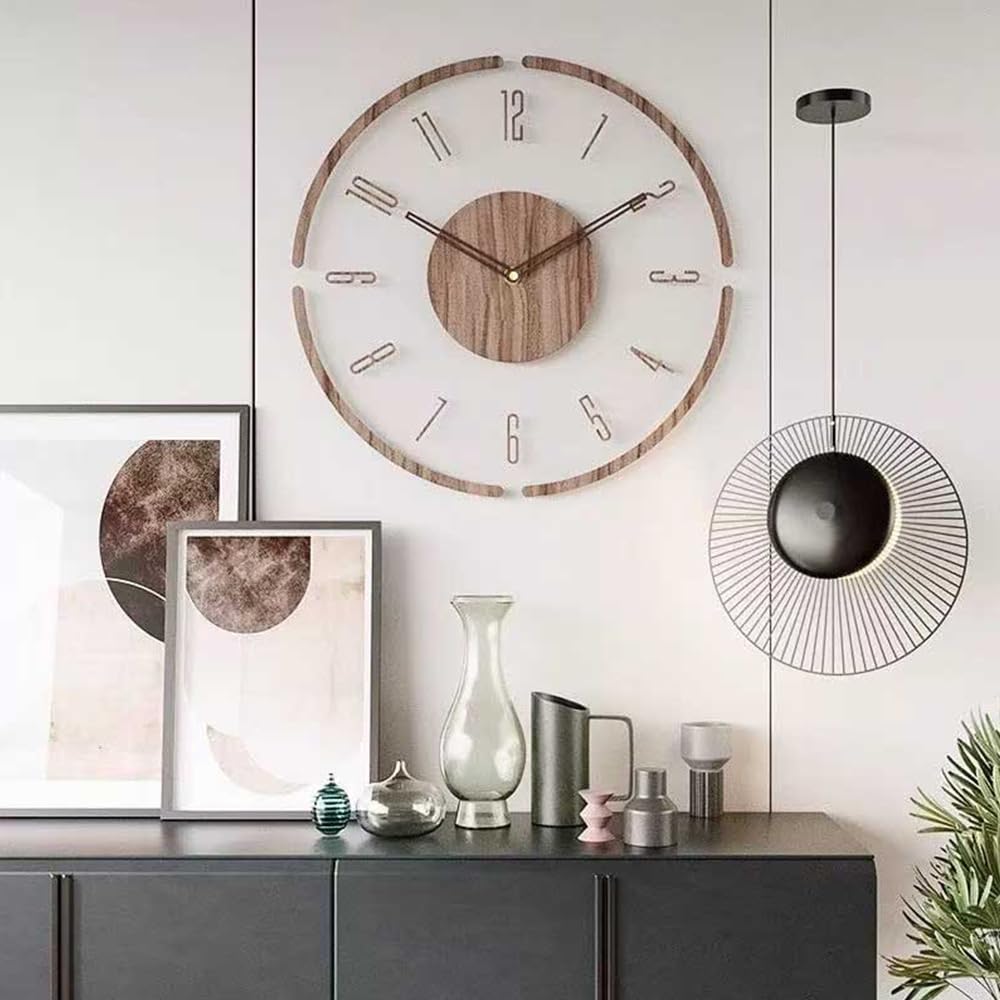 Lucktime Modern Minimalist Wooden Wall Clock - Silent Non-Ticking Battery Operated Wall Clock for Living Room Bedroom Kitchen Office Decor, 12 Inch Large Wall Clock with Sleek Open Frame Design