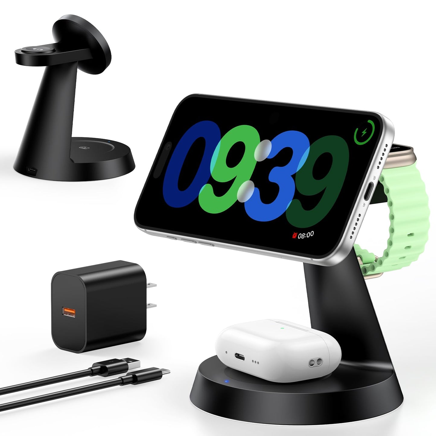 3 in 1 Charging Station for Apple Devices, 15W Fast Wireless Charger Compatible with MagSafe Charging Stand for iPhone 17 16 15 14 13 12 Series, Watch Charger Stand for Apple Watches & Airpods
