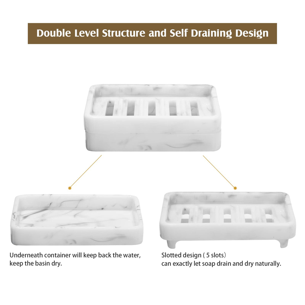 Shinowa Resin Soap Dish, Self-Draining Bar Soap Tray with Drainable Board, Dual Layer Sponge Holder for Bathroom Kitchen Shower Bathtub Sink Counter-top, Marble White