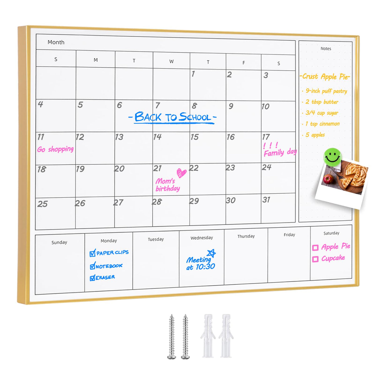 Aitakatta 3-in-1 Dry Erase Calendar for Wall with Golden Aluminum Frame, 17x 13 inches Magnetic Monthly & Weekly Calendar Whiteboard, Dry Erase Board for Wall for Decor/Memo(YL+ZL-Gold,4333)