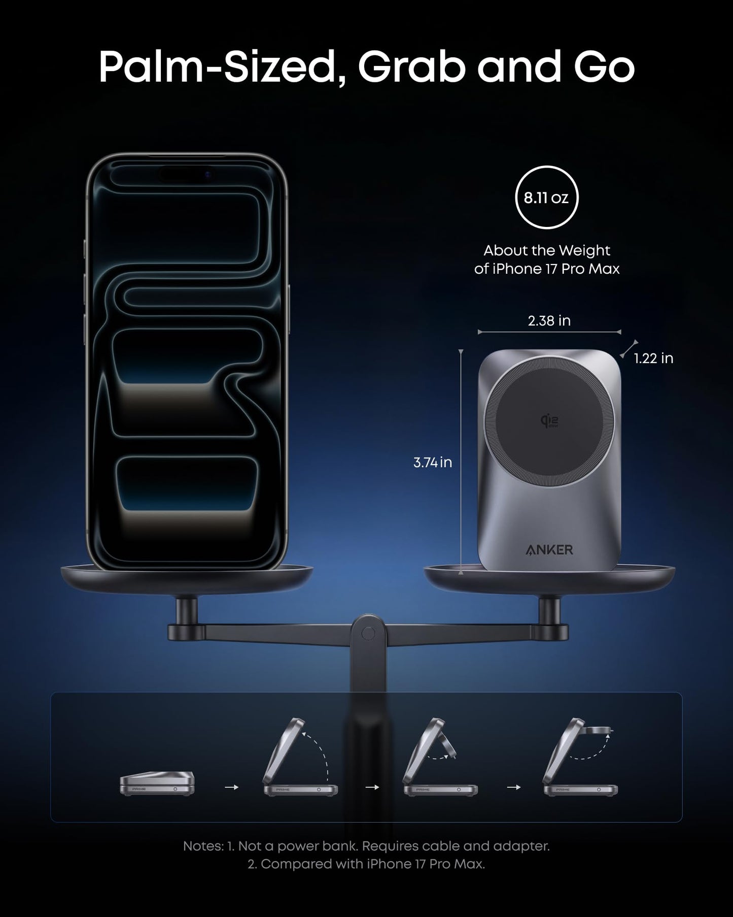 Anker Prime 3-in-1 Charging Station, AirCool Wireless Charger, Qi2 25W Certified Palm-Sized Foldable MagSafe Charger Compatible with iPhone 17, Apple Watch, AirPods (Non-Battery, with Adapter)