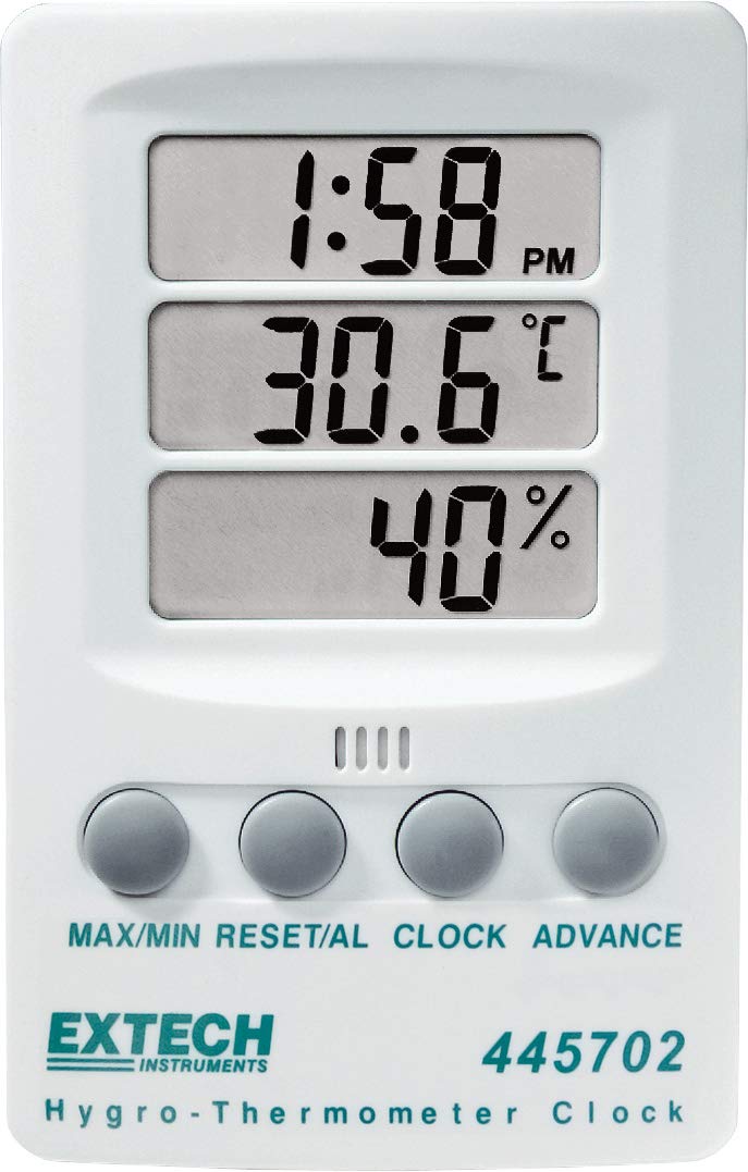 Extech 445702 Hygro-Thermometer Clock - Digital Humidity Monitor and Indoor Thermometer with Max/Min Memory, Triple LCD Display, 12/24 Hour Clock, and Alarm - Wall Mount or Desktop Stand