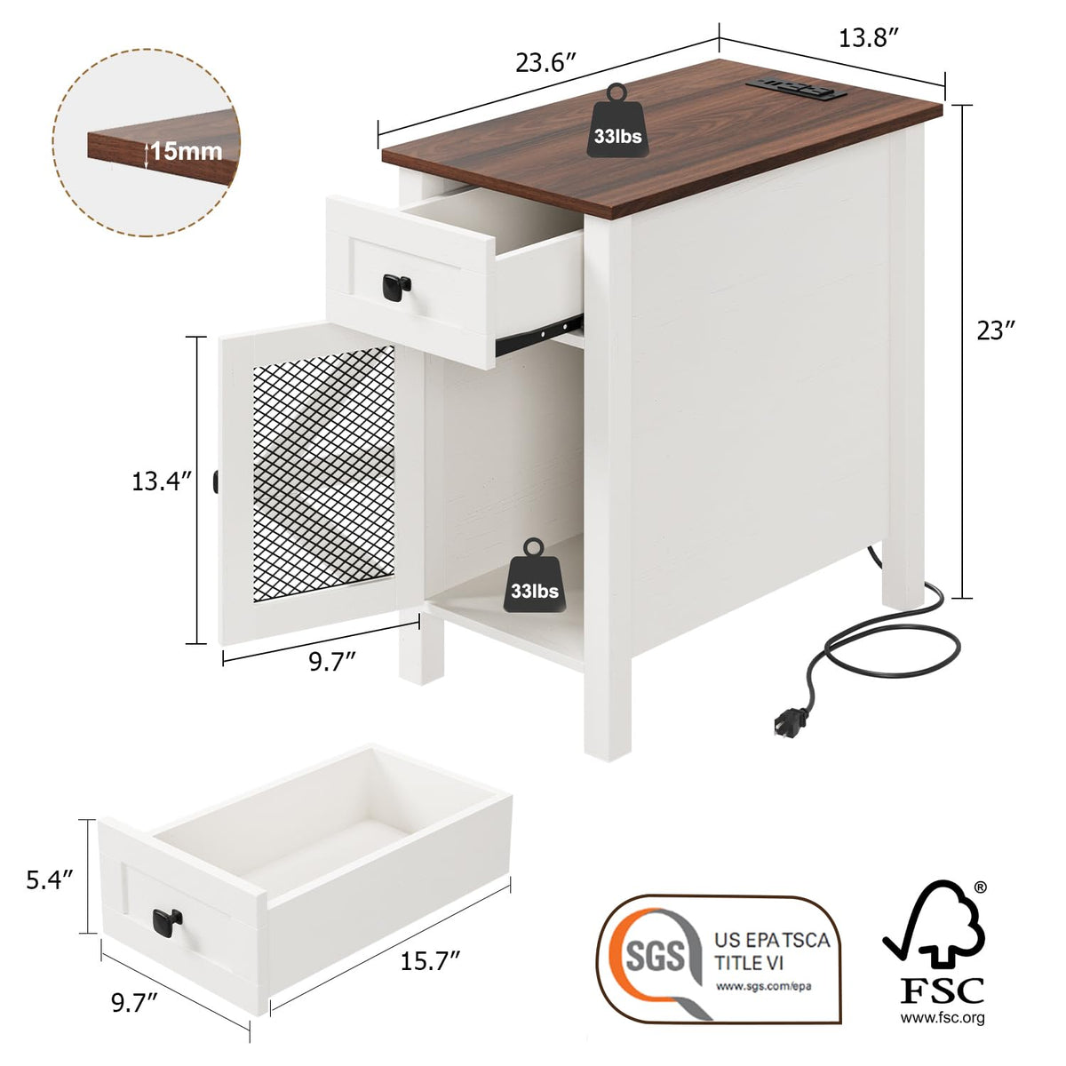 HAIOOU Farmhouse End Table with Charging Station, Narrow Side Tables for Living Room, Bedside Table with Storage Cabinet and Drawer, Slim Wood Nightstand for Small Space(Rustic White)