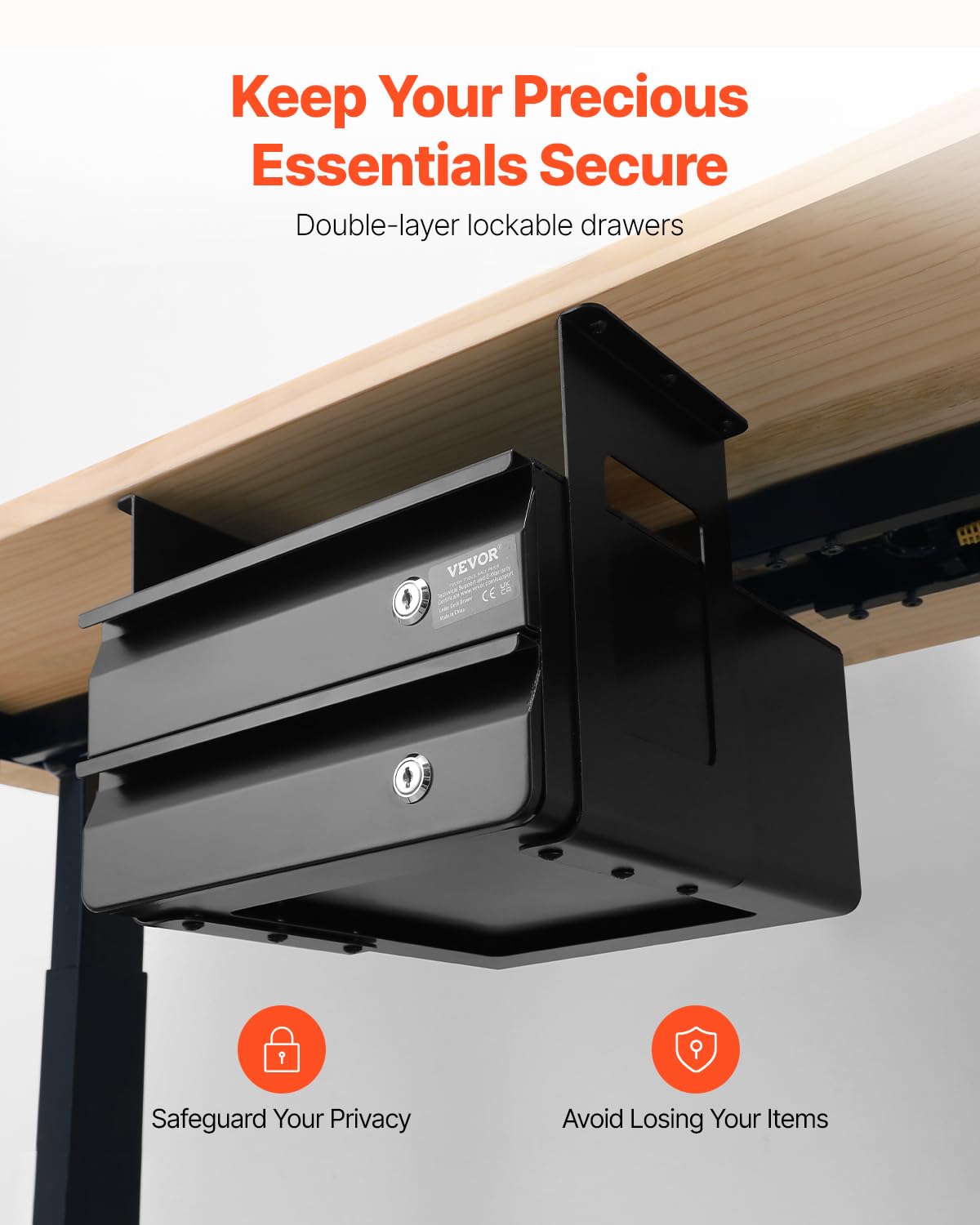 VEVOR Under Desk Double Stacked Lockable Slide Out Drawer, 13 inch Lockable Under Table Pull-out Drawer Attachment for Sit Stand Workstation, Secure Under Desk Storage Organizer, Black