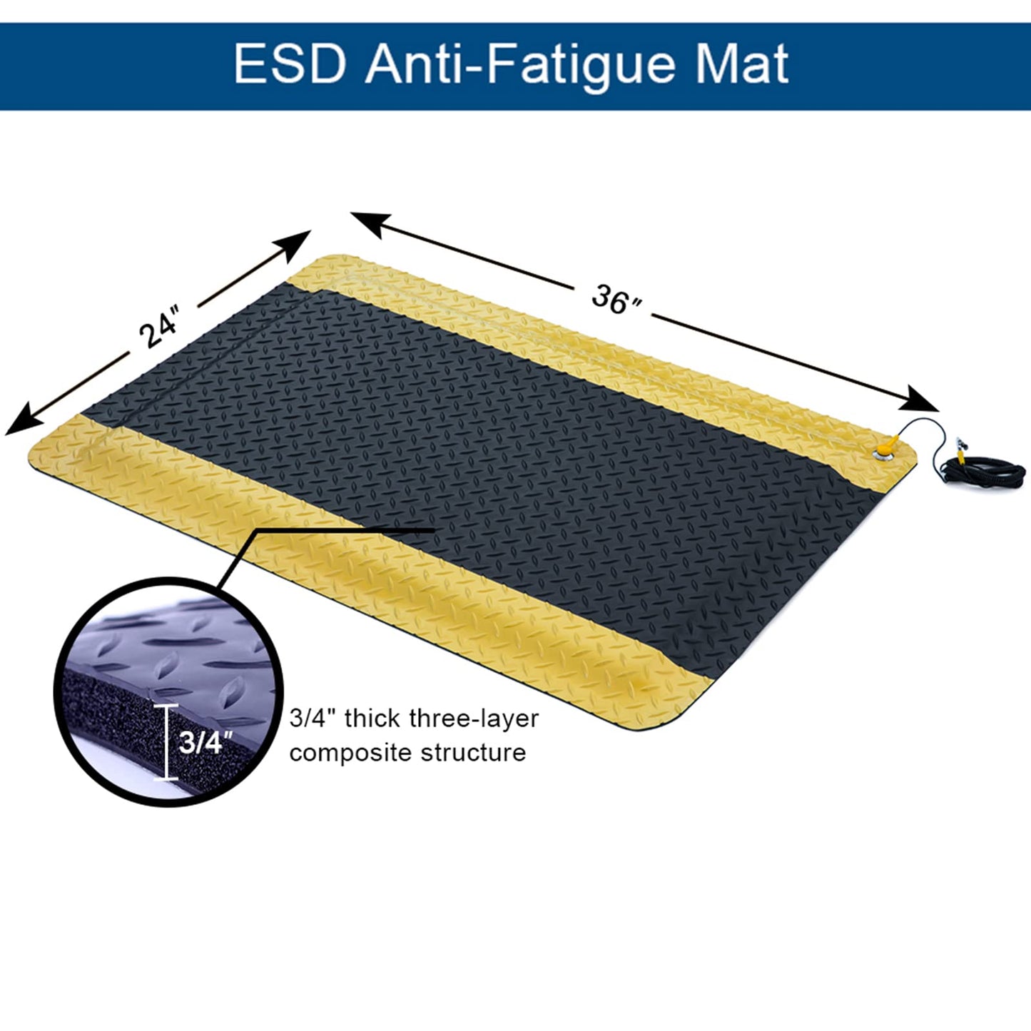 2' x 3' ESD Anti-Fatigue Conductive Mat, Durable Heavy Duty Diamond Plate, Non Slip Waterproof Floor Mats for Commercial&Industrial Work, Thick 3/4” with Yellow Border