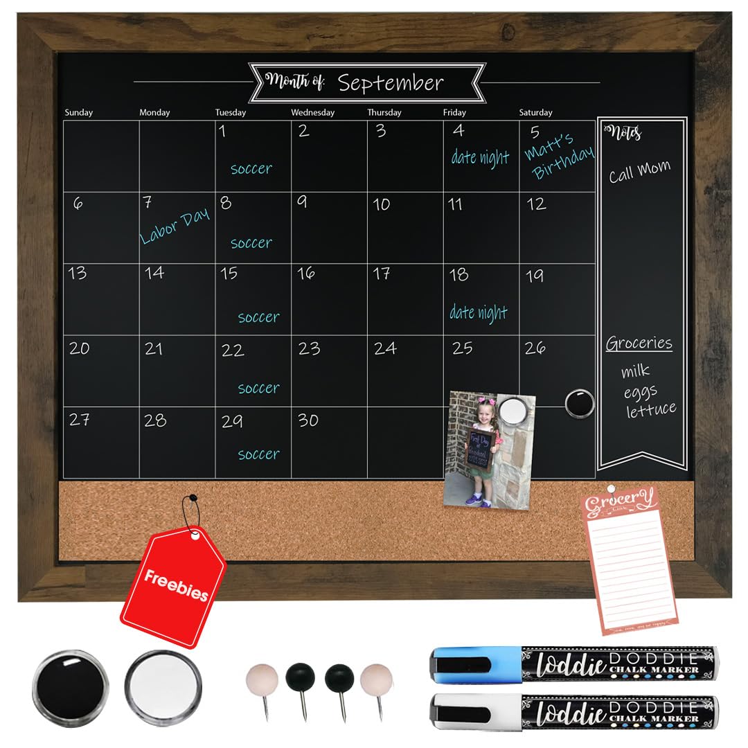 Loddie Doddie Chalkboard Calendar & Bulletin Board - 18 x 24 in, Rustic - Easy-Clean Calendar Chalkboard for Wall - Menu Sign for Meal Planning - Magnet Display for Photos & Souvenirs
