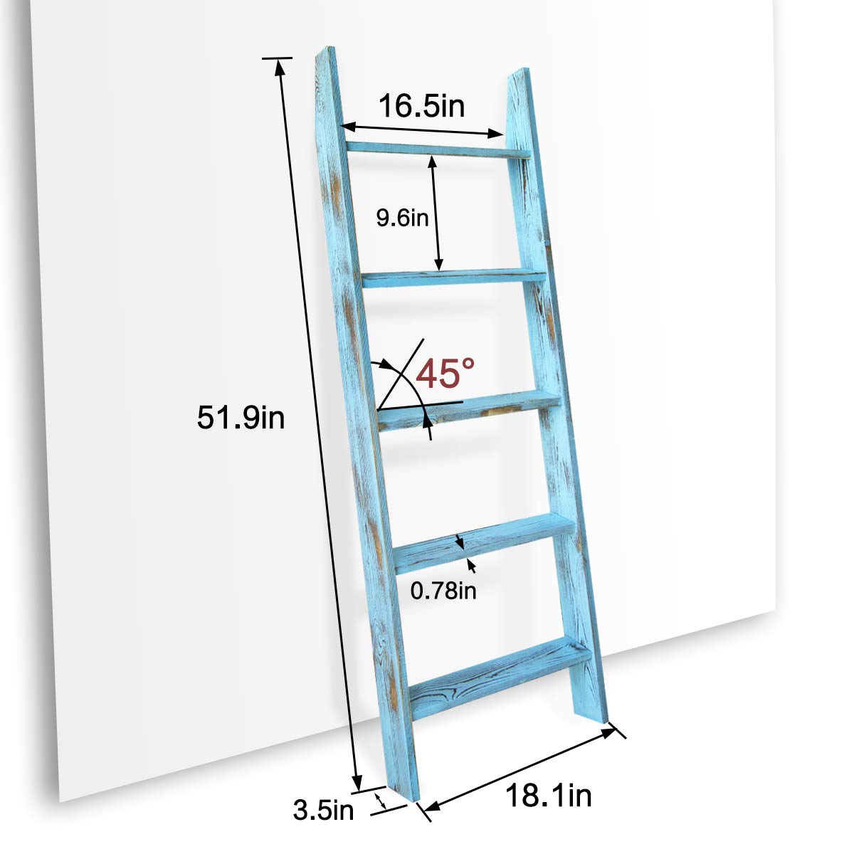 Honest Ladders for Living Room, 5-Tier Blanket Holder, Wall-Leaning Rack, Ladder Shelves, Wooden Quilt Ladder, Farmhouse Decor, Blue