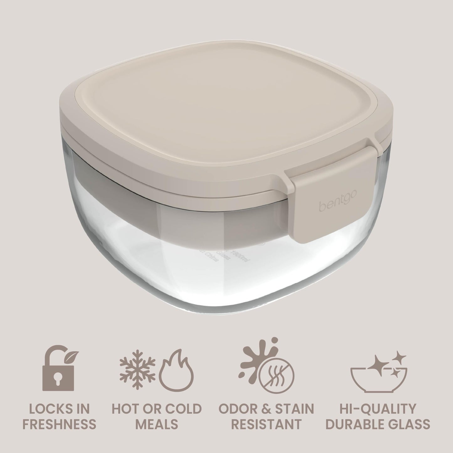 Bentgo Glass Salad Container - 7.6-Cup Salad Bowl with Airtight Lid, Leak-Proof Sauce Container, 4-Compartment Bento Tray & Reusable Fork - BPA-Free for Meal Prep, Office & More (White Stone Tan)