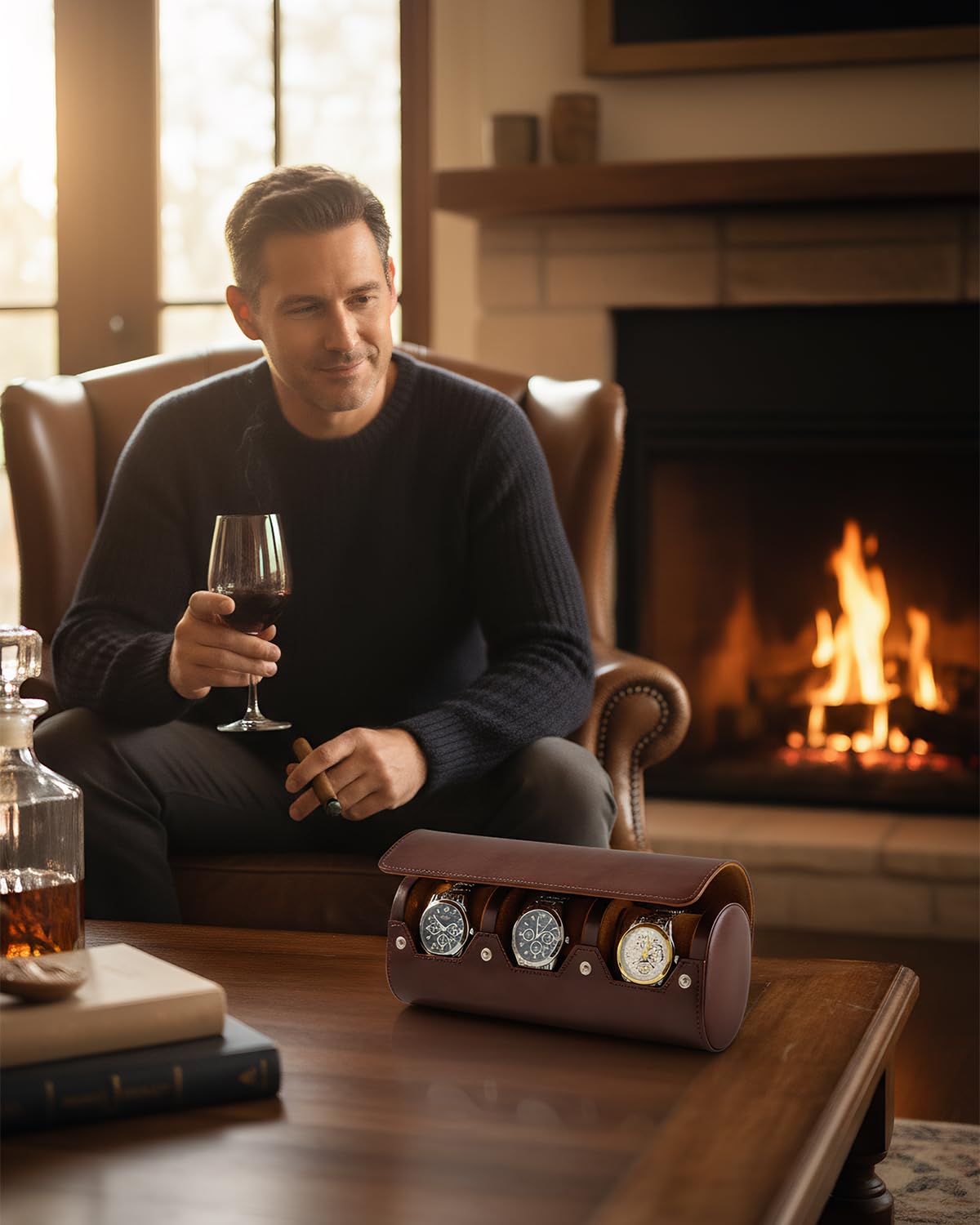 MR.OKAY 3 Watch Travel Case- Classic Leather Watch Case With Perfect Texture.Portable Watch Roll Or Organizer For Storage And Display. Luxury Gifts For Men, All Handmade by Artisans.