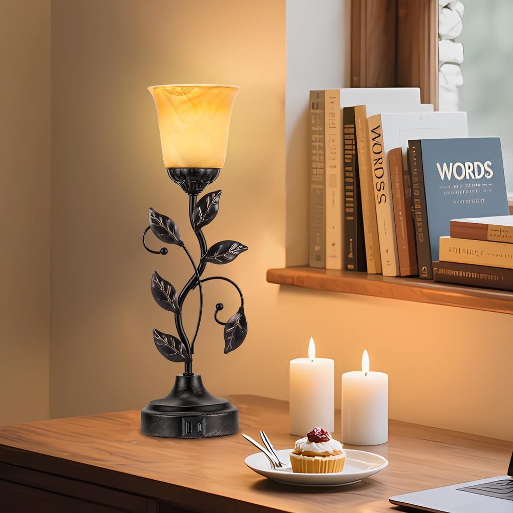 Modxian Vintage Bedside Touch Control Table Lamp 3 Way Dimmable, Amber Glass LED Reading Nightstand Light with 2 USB Charging Ports, Farmhouse Bronze Finish Leaf Desk Lamp for Living Room Bedroom