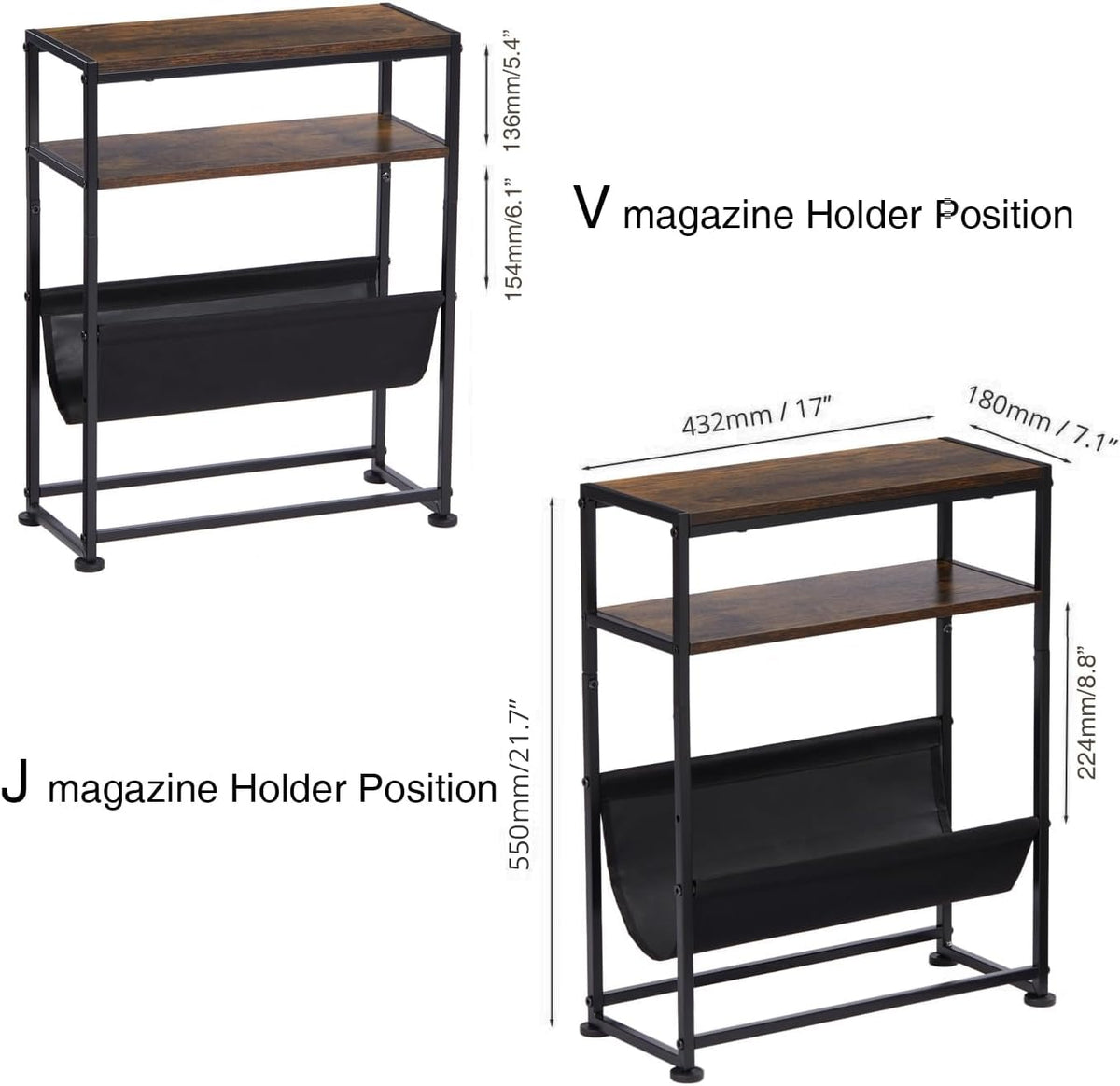 ZEXVIDA Narrow End Table with Magazine Rack, 2-Tier Slim Side Table for Small Spaces, Industrial Nightstand with Storage Sling for Living Room, Couch and Bedroom, Rustic Brown