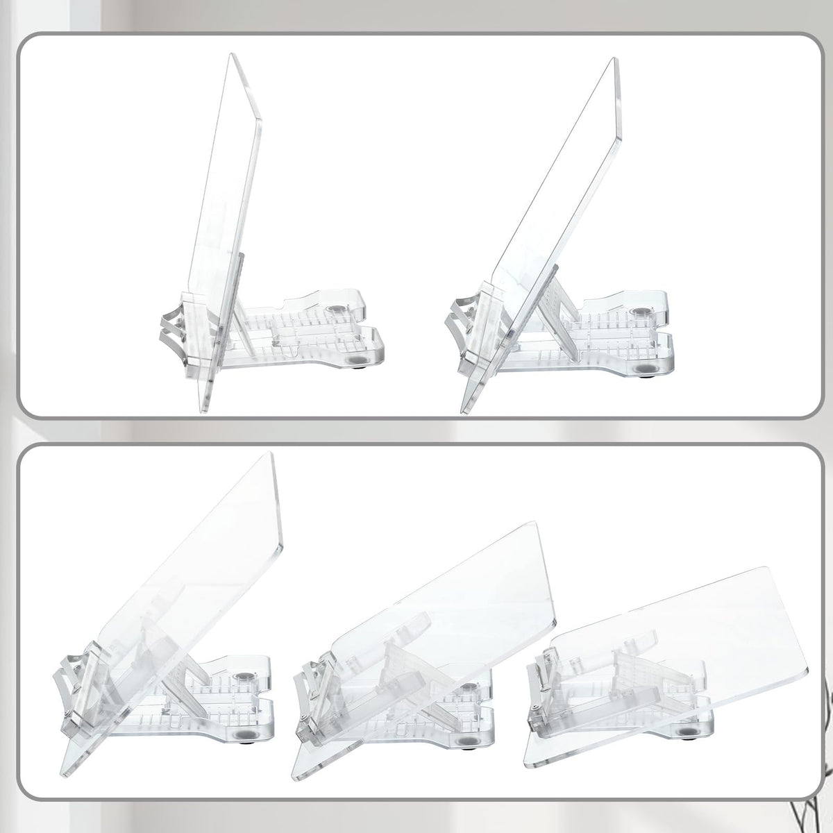 Oqqlin Adjustable Acrylic Book Stand, 13.3 x 9.4 Inch Adjustable Multi-Angle Book Display Stand Transparent Foldable Books Holder with Page Clip for Books, Magazines, Cookbook, Document, Recipe