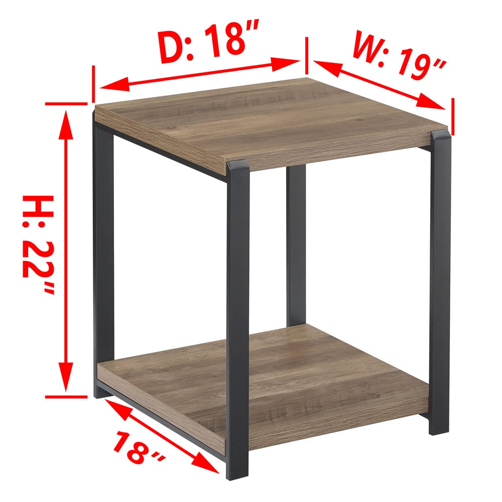 FOLUBAN Industrial End Table, Square Side Table with Storage Shelf for Living Room, Wood and Metal Nightstand, Oak