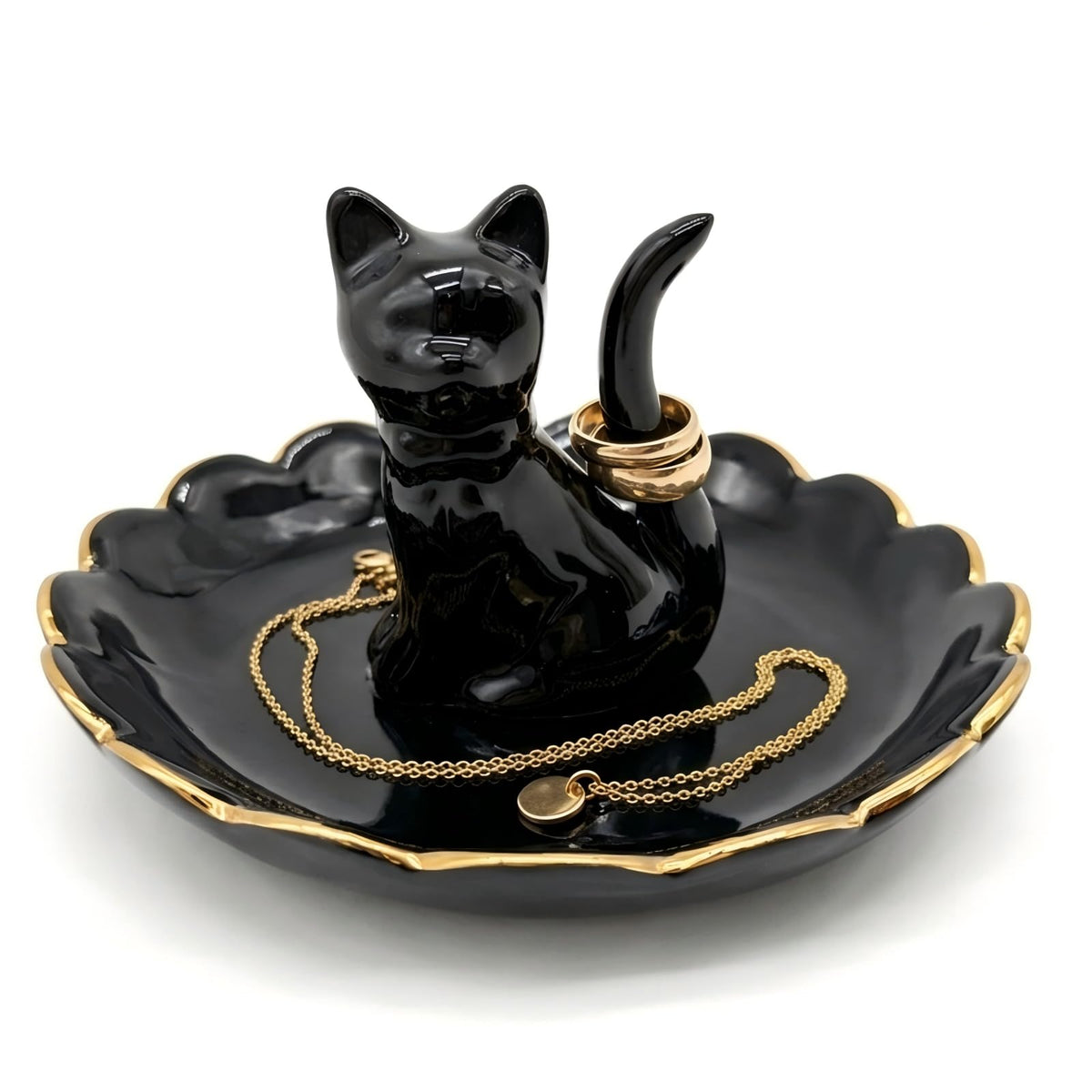 ROSA&ROSE Cat Ring Holder Trinket Tray Ceramic Jewelry Dish Porcelain Ring Organizer,Gift for Women,Girlfriend,Wife,Birthday or Anniversary(Black bow)