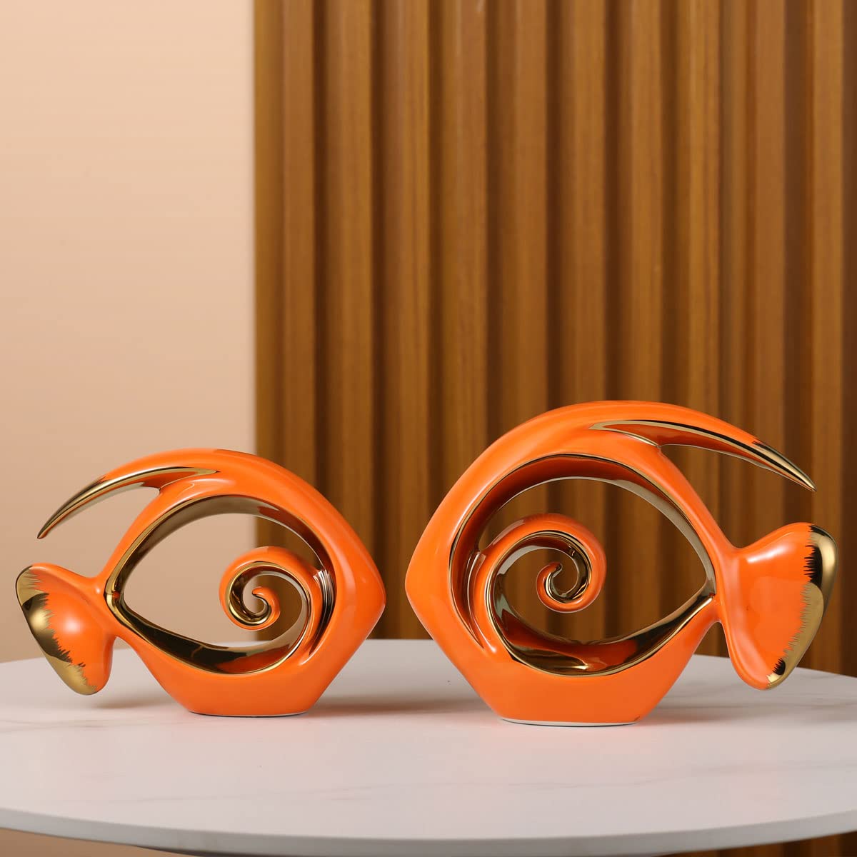Orange Gold Ceramic Fish Figurines - Coastal Home Decor, Modern Ocean Centerpieces for Living Room, Dining Area, Bathroom, Office, Coffee Table, Beach House, Nautical, Seaside, Entrance, Shelf Display