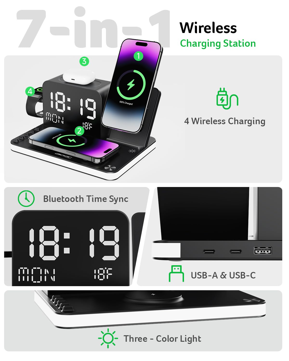 Acer Gadget 7-in-1 Wireless Charging Station Charger Stand for Multiple Devices for Apple - iPhone 17 16 15 14 13 12 Pro Max Apple Watch Airpods, Wireless iPhone Charger Station with Bluetooth TimeSyn