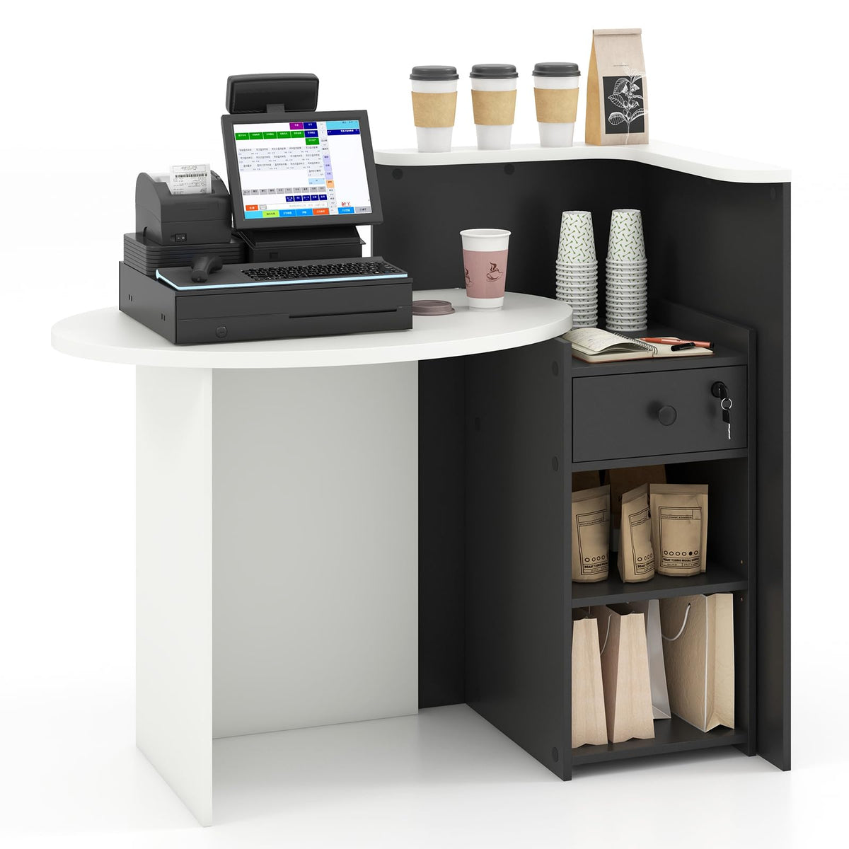 Giantex Reception Desk, Front Counter Desk with Lockable Drawer, Retail Counter Checkout Table with Round Tabletop, Corner Shelf & Adjustable Shelf for Office Beauty Salon Retail Store (Black)