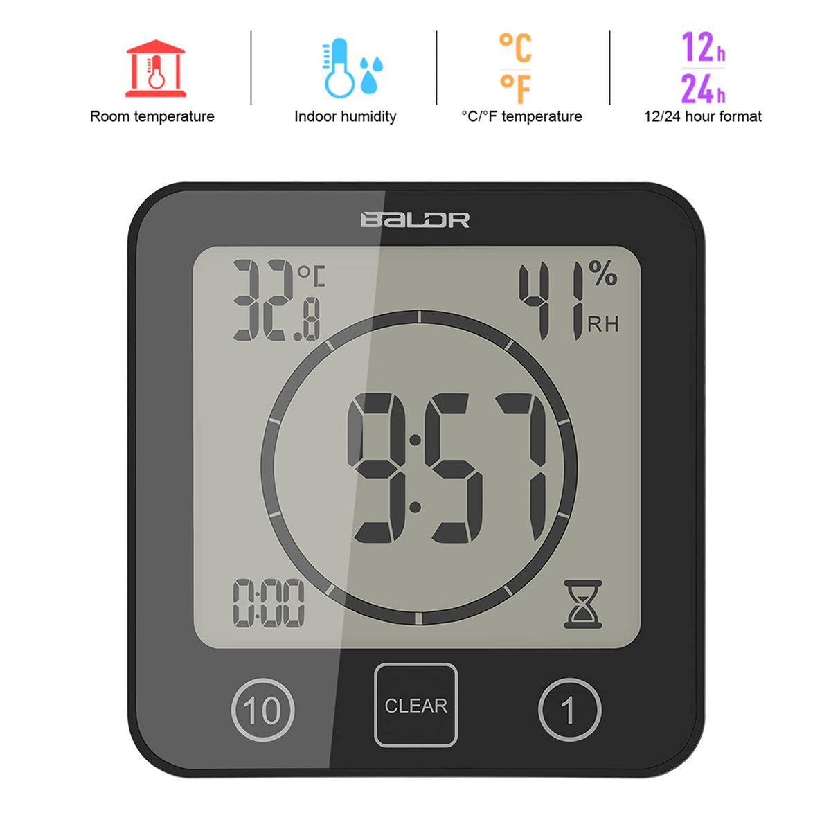 Digital Bathroom Shower LCD Wall Clock with Suction, Waterproof Temperature Humidity Gauge, Touch Screen Timer, Large Countdown Timer (Black)