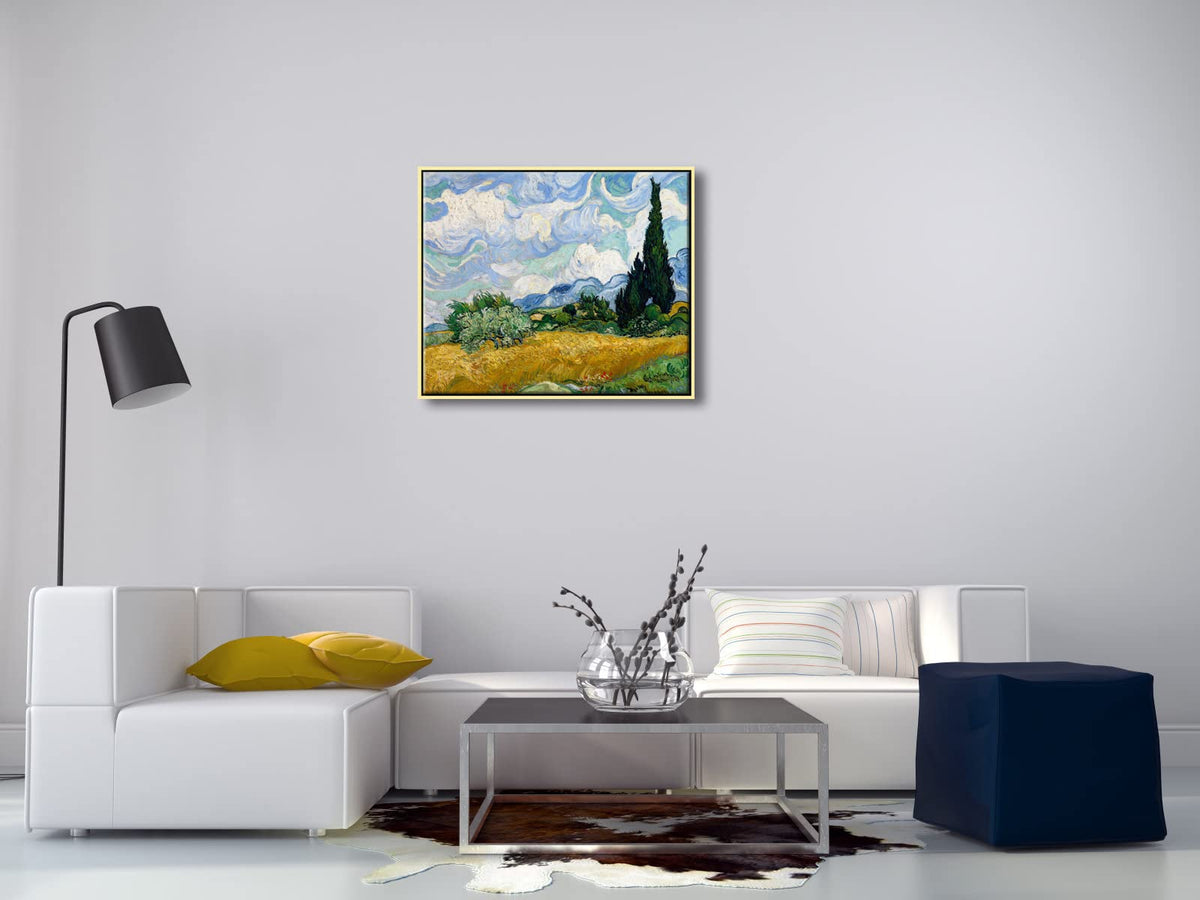 Wieco Art Framed Canvas Art Wheat Field with Cypresses by Van Gogh Impressionist Landscape oil Paintings Canvas Prints Artwork Wall Art for Living Room Home Office Decorations