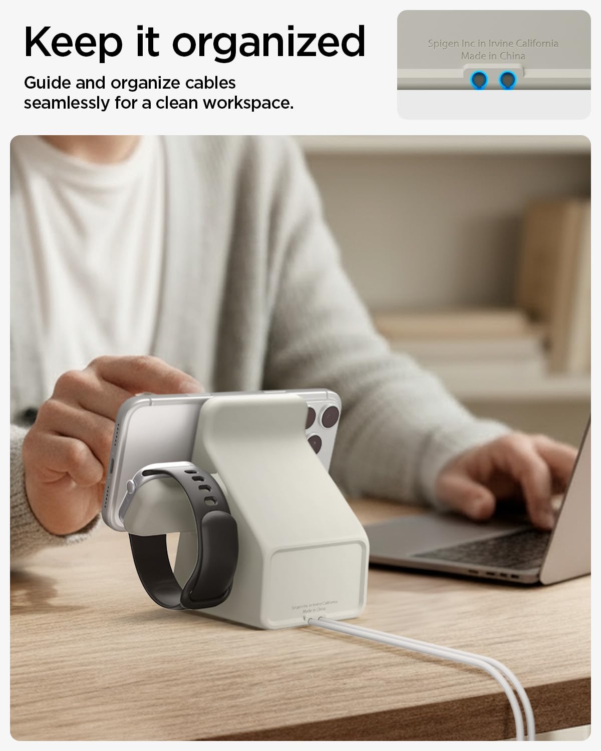 Spigen MagFit Duo Stand Designed for MagSafe Charger (25W) & Apple Watch Charger Holder for Desk Nightstand Premium Silicone Compatible with iPhone 17/16/15/14/13/12 All Apple Watches - Dune Beige