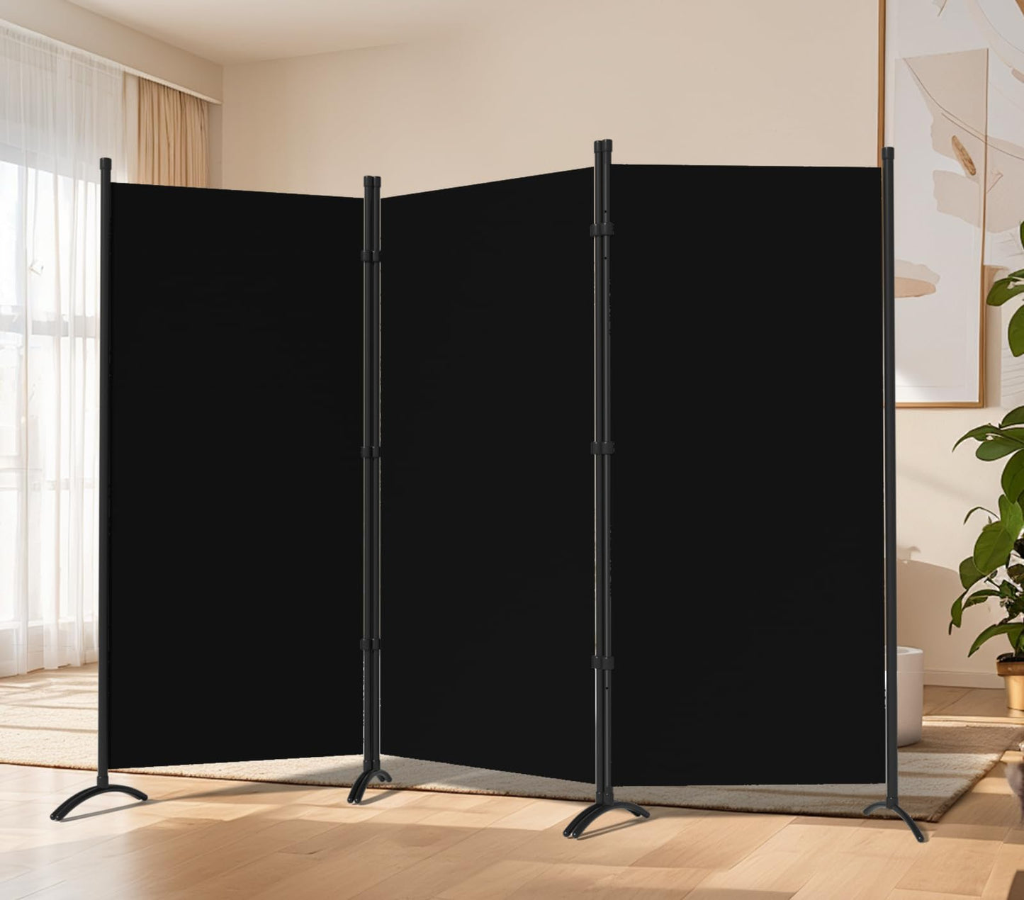 Grezone Large Folding Panel Portable Stand Room dividers Privacy Screen for Bedroom Dining Room Screens Curtains Partition Home Office Dorm Separation (Black, Three Panel)