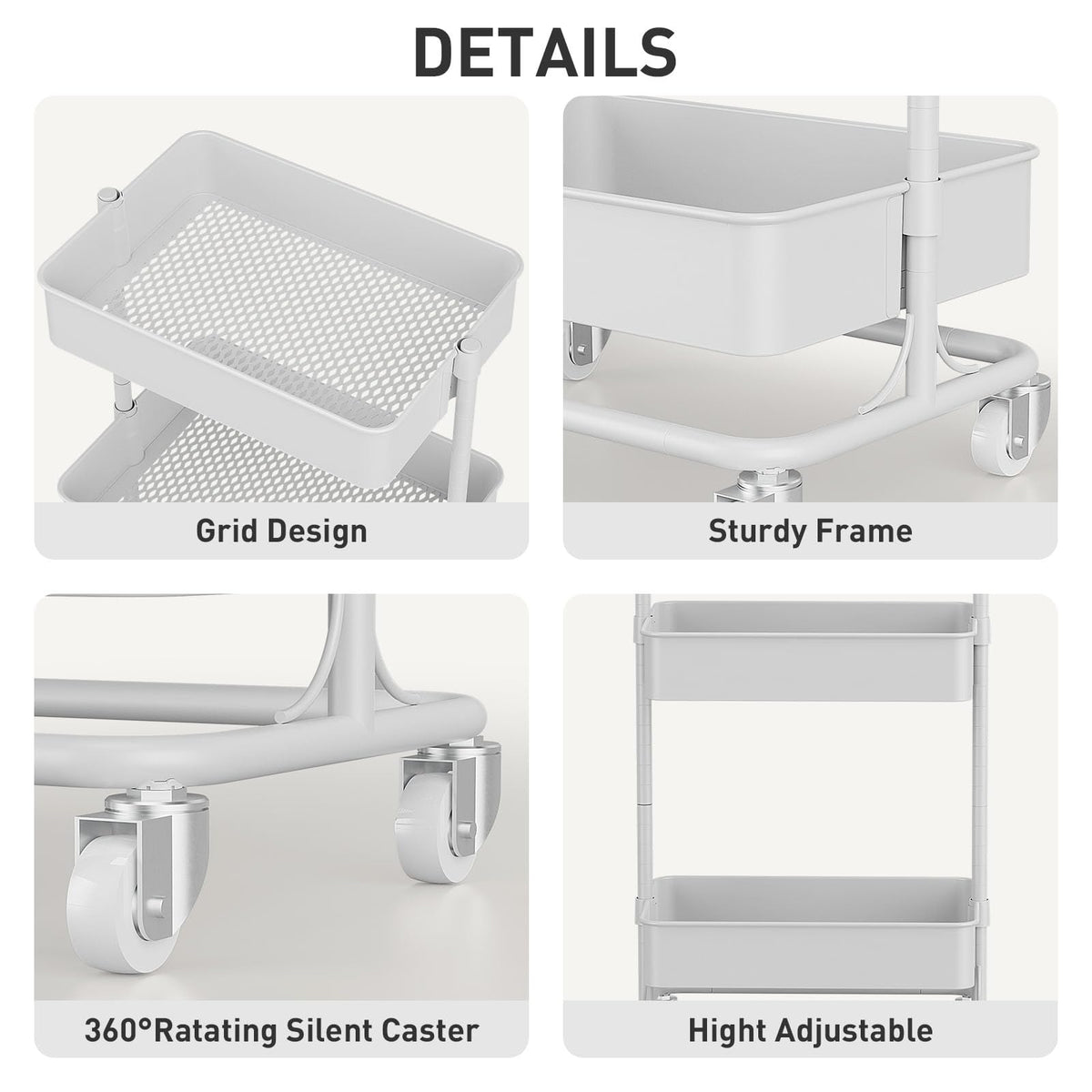 Orchidleaf 3-Tier Modern Metal Rolling Utility Cart with Silent Casters, 15.35x11.81x23.74 inch Heavy Duty Organizing Cart Trolley Organizer for Office, Living Room, Kitchen，(White)