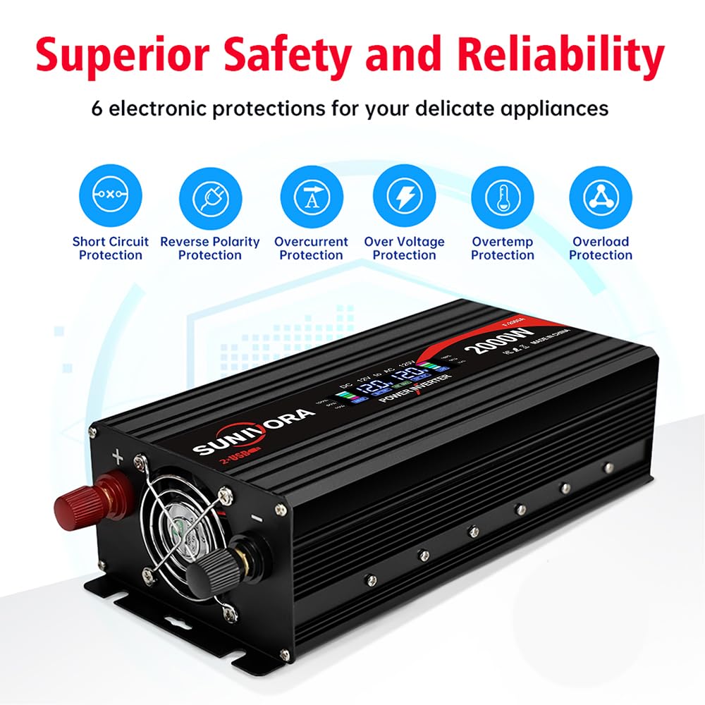 2000 Watt Power Inverter 12V DC to 110V/120V AC Converter 4000W Peak with LCD Display, 3 AC Outlets & 2 USB Ports Power Inverters for Vehicles Car Truck Boat RV Camping Solar System EPS