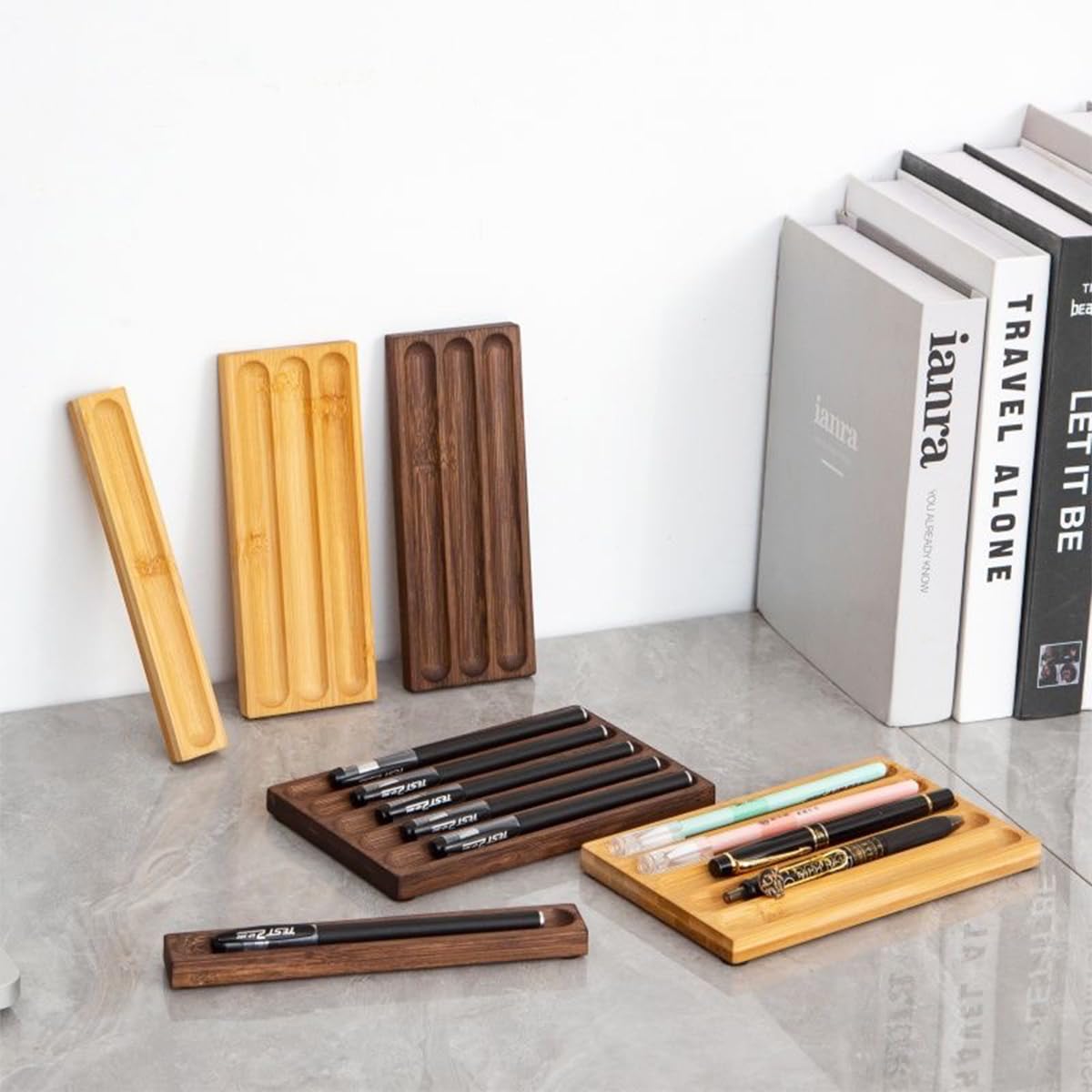 LITAITAI Horizontal Pen Holder For Desk,Pen Tray,Wood Desk Pen Holder,Desk Top Pen Display,Teacher Gifts,Suitable For School,Home,Office Desktop Art Accessories (Walnut-3 Grid)