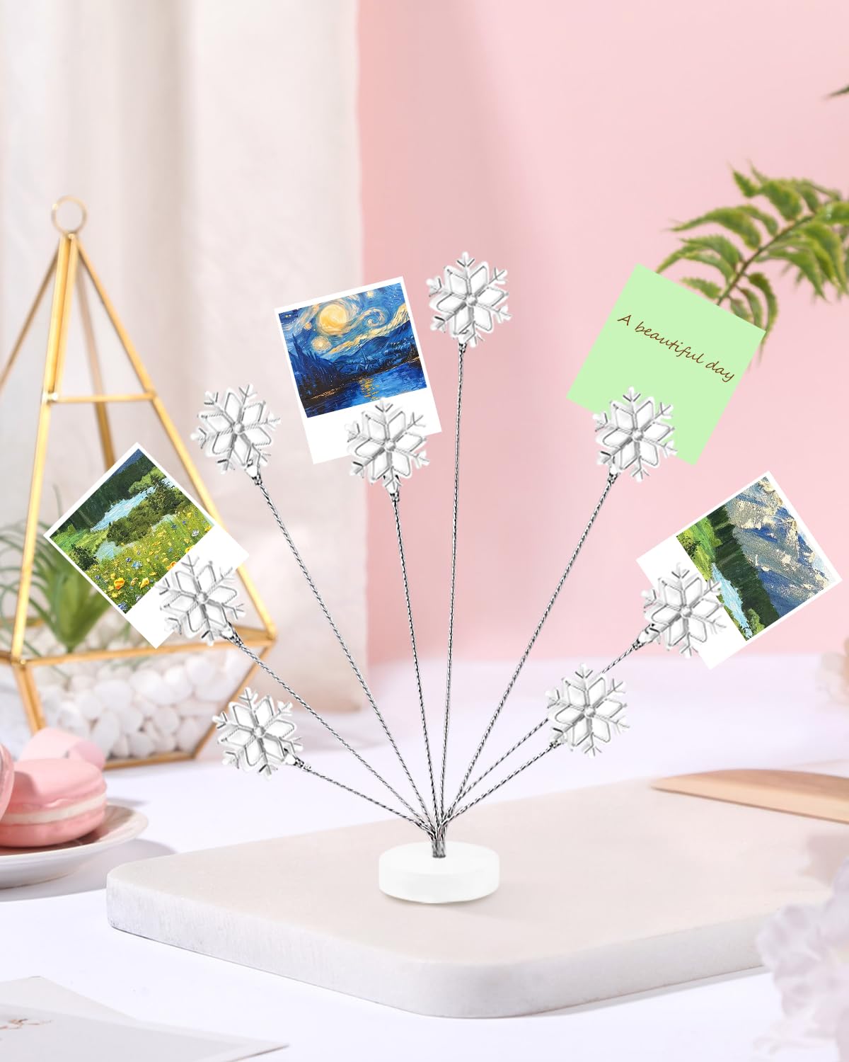 eZAKKA Photo Tree Holder Clip, 8 Branch Money Gift Card Holder with Clips, Picture Frame Stand for Wedding Photo Display, Memo Paper Note, Office Home Decor (White Snowflake)