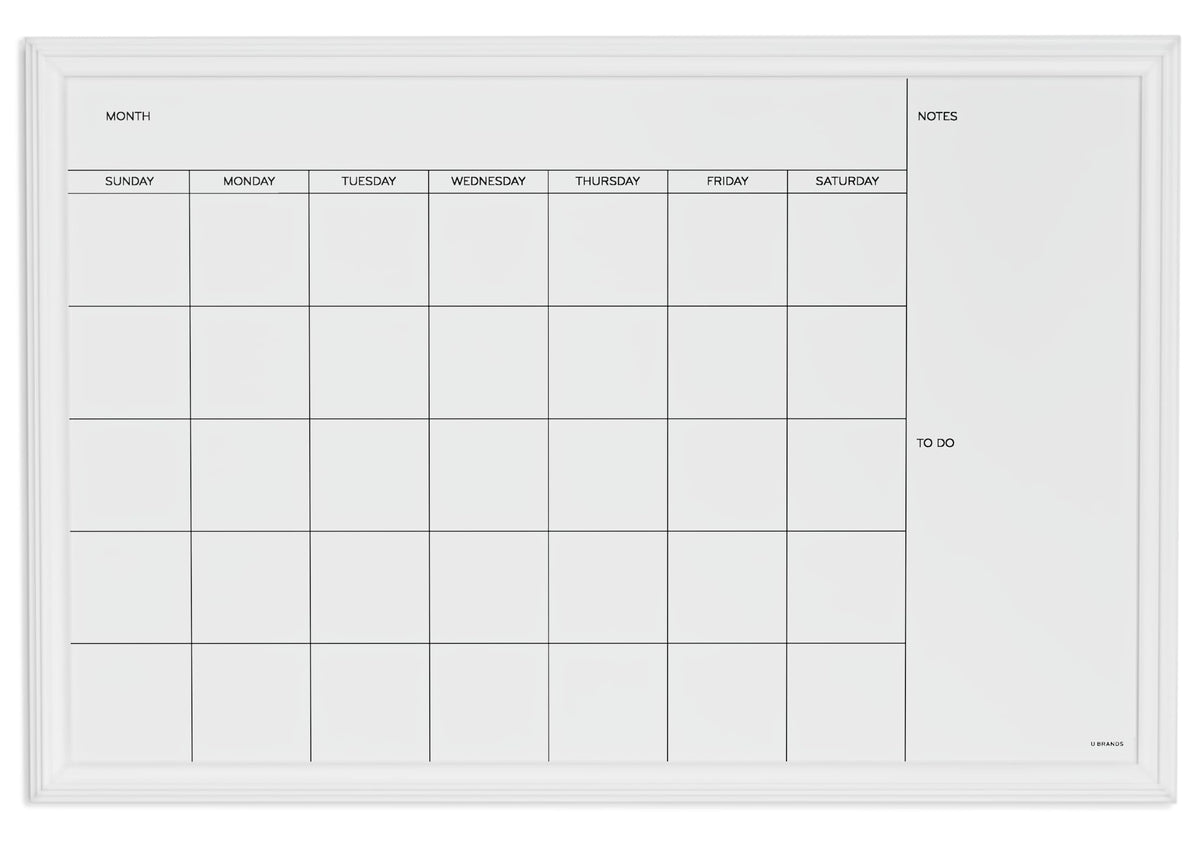 U Brands Magnetic Dry Erase Calendar White Board, 30" x 20", White Wood Style Frame, Includes Magnets