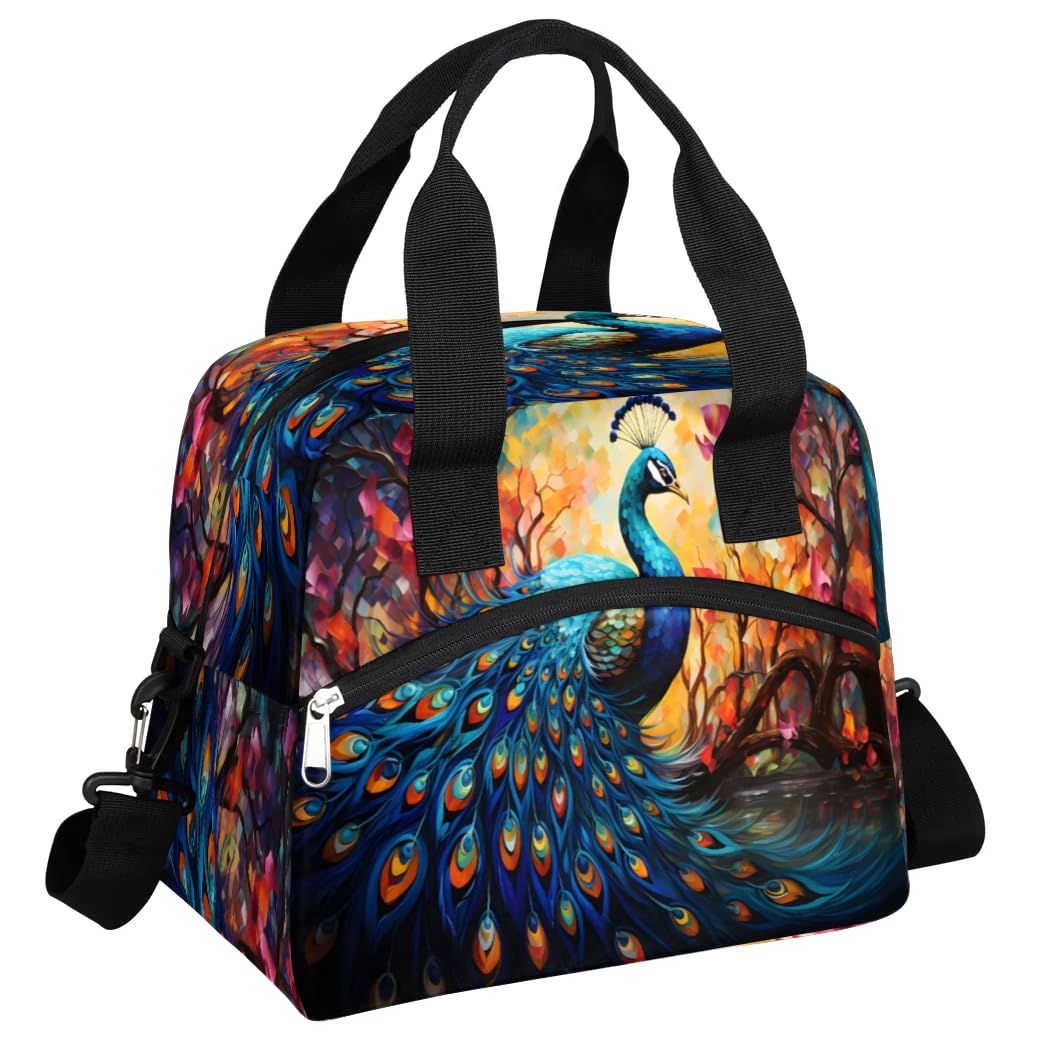 Insulated Lunch Bag Animal Peacock Lunch Box for Women Men Reusable Lunch Tote Bag with Adjustable Shoulder Belt Portable Lunchbox Cooler Bag Organizer for Office Work Picnic