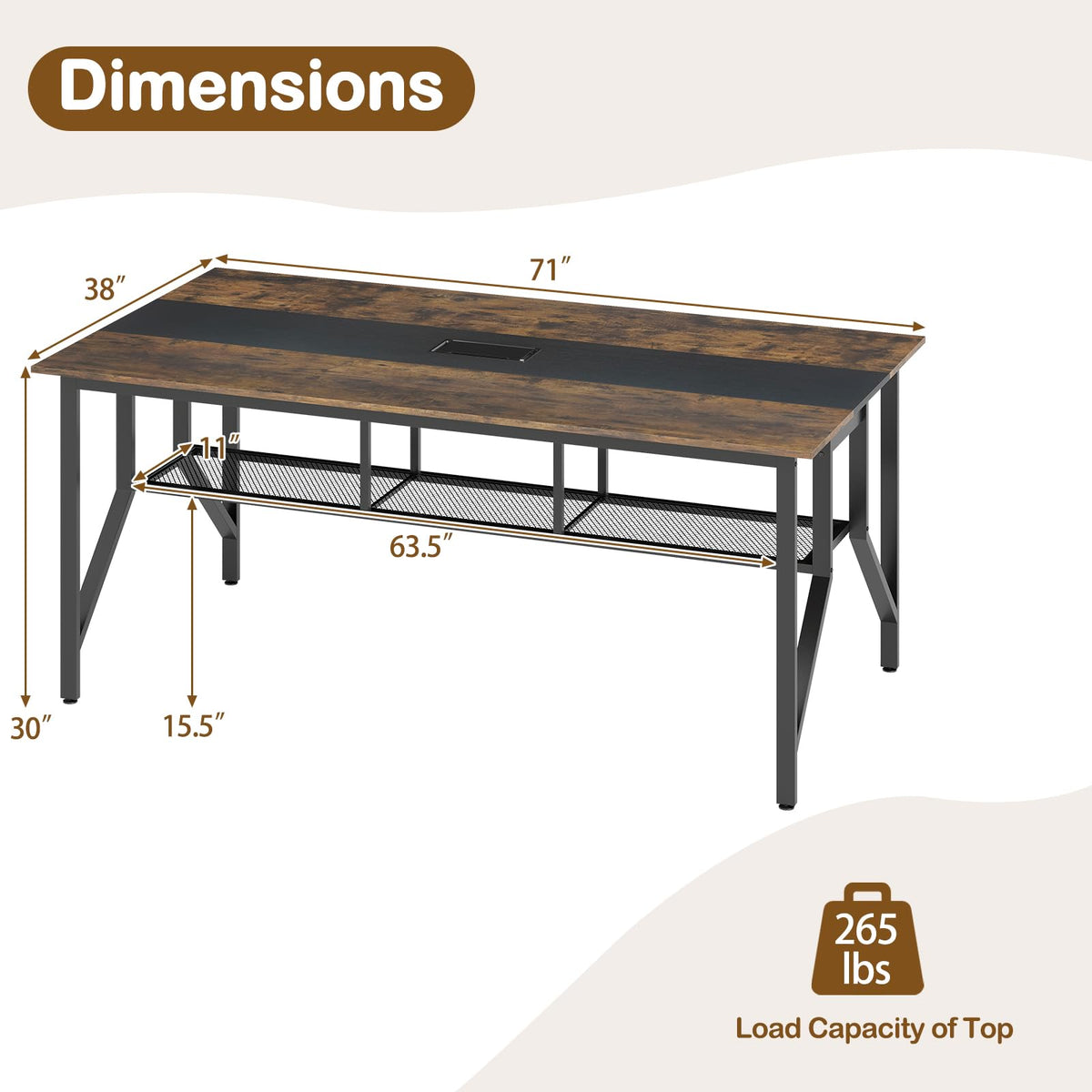 Giantex 6 FT Conference Table for 6-8 People, Modern 71" L x 38" W Large Meeting Table with Storage Shelf & Cable Grommet, Rectangle Conference Room Table for Office, Boardroom, Rustic Brown (1)