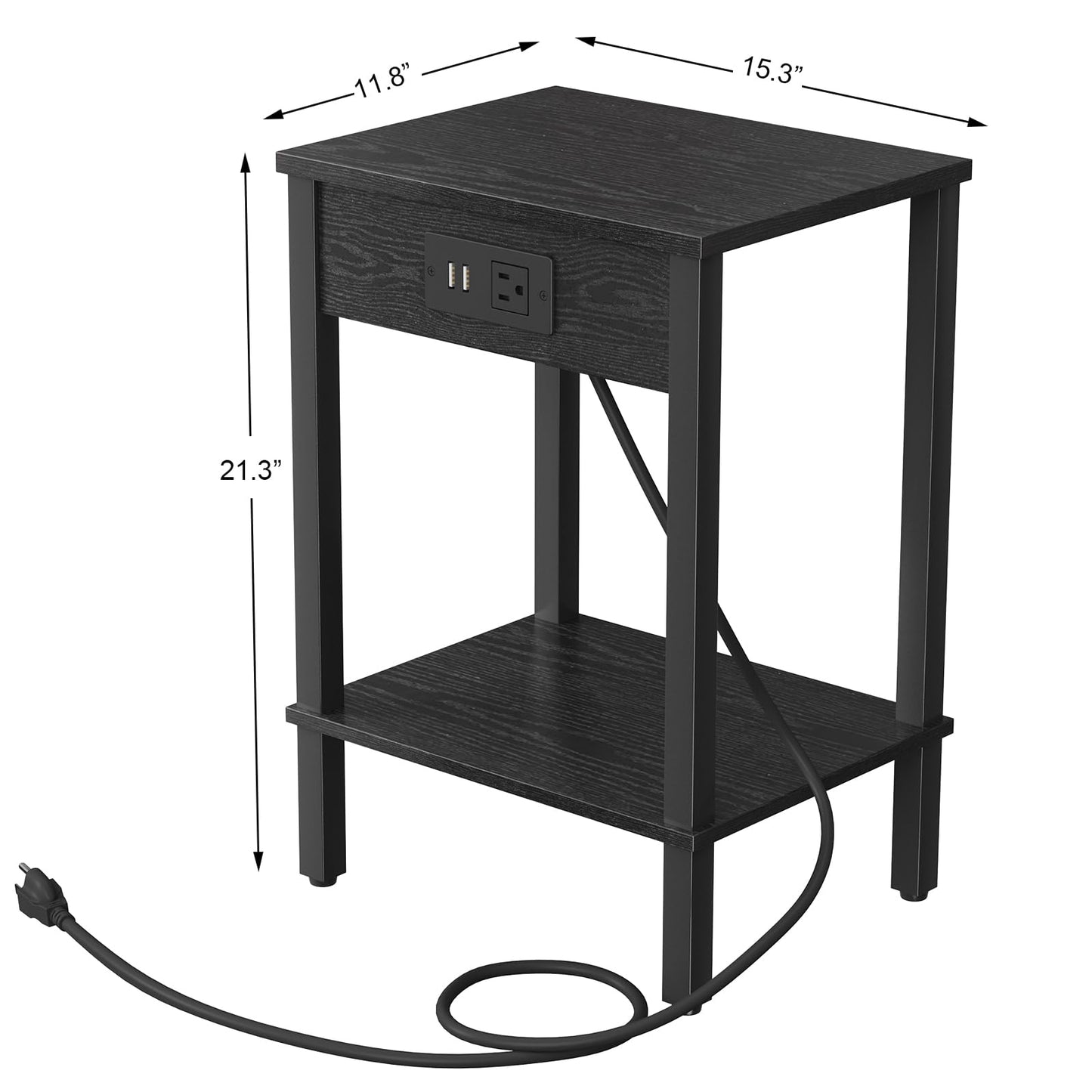 VIMBER Side Table with Charging Station, Set of 2 End Tables with USB Port and Outlets, Nightstands with 2-Tier Storage Shelves, Sofa Table for Small Space, Living Room, Bedroom Black 102B2