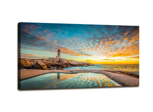 YYYYHPP YP1862 Canvas Prints Wall Art Peggy's Cove Lighthouse Sunset Ocean View Landscape Nature Pictures Stretched Canvas Wooden Framed for Living Room Bedroom and Office Wall Decor