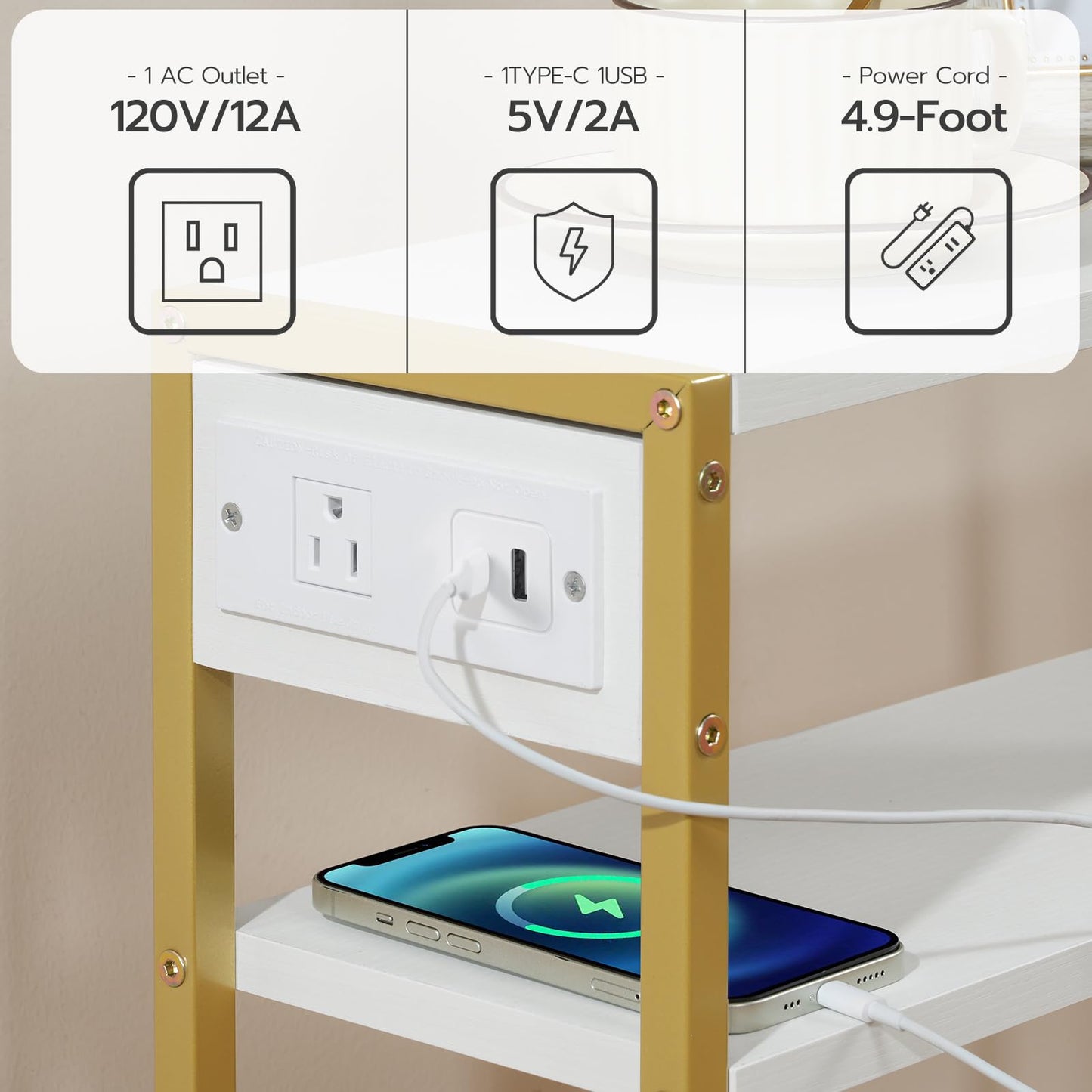 HOOBRO Small Narrow Side Table with Charging Station, Skinny End Table for Small Spaces, Slim Nightstand with USB Ports Outlet, Sofa Beside Table with Storage Shelf, White and Gold DW102UBZ01