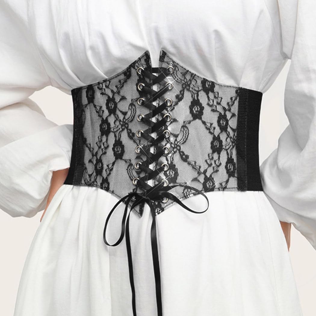 BODIY Women Lace Corset Belts Elastic Cinch Belt Tied Waspie Wide Waist Bustiers for Dress (Black)