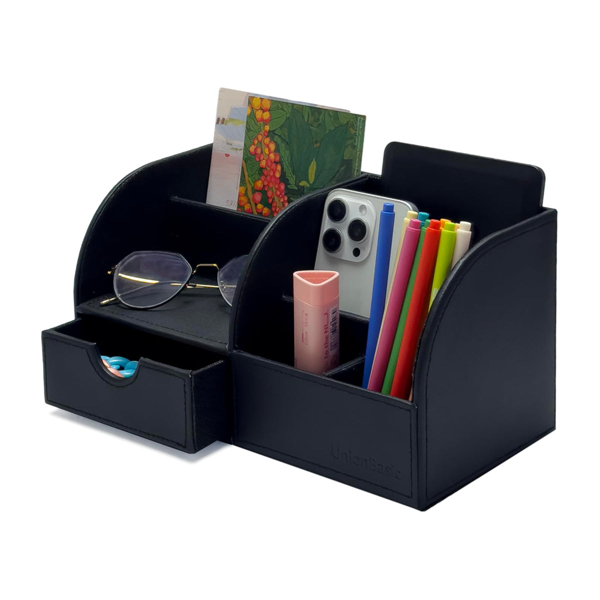 UnionBasic Desk Organizer - Multifunctional Leather Desktop Pen Holder Storage Box - Business Card/Pen/Pencil/Mobile Phone/Stationery Holder, Black