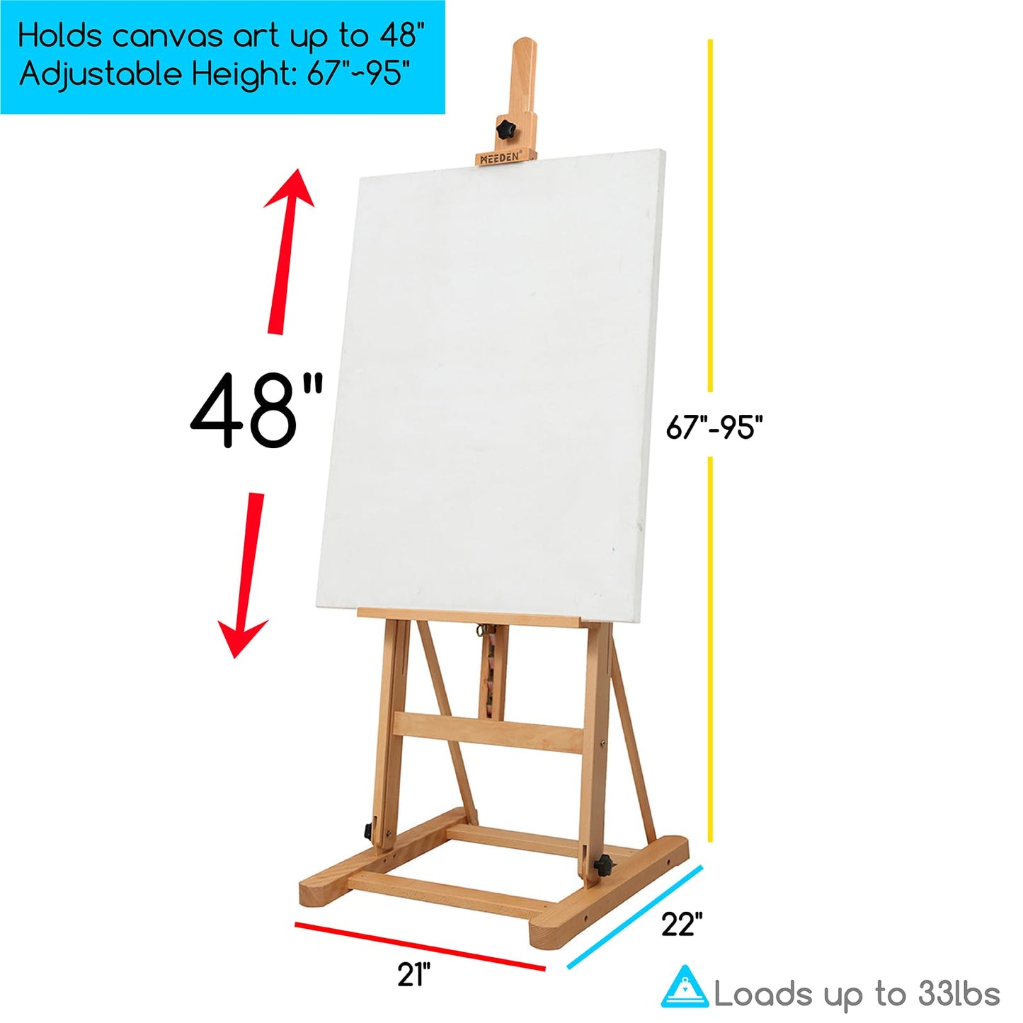 MEEDEN Art Easel for Painting - Heavy Duty H-Frame Artist Easel for Adults, Solid Beechwood Adjustable Studio Easel (69"-95"), Professional Wooden Floor Easel Stand Holds Canvases Up to 48"