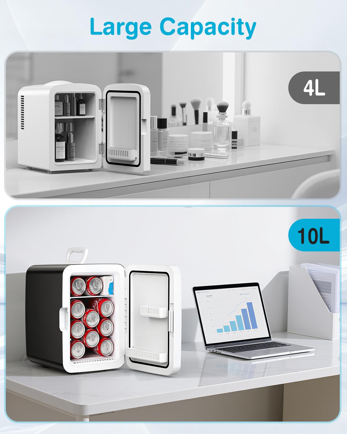 Antarctic Star Compact Mini Fridge, 10L Portable Small Refrigerator, 2.6 Gal Mini Fridge with AC/DC Adapters, Small Cosmetics Cooler for Beverage, Food, Makeup, Bedroom, Office, Dorm, Black